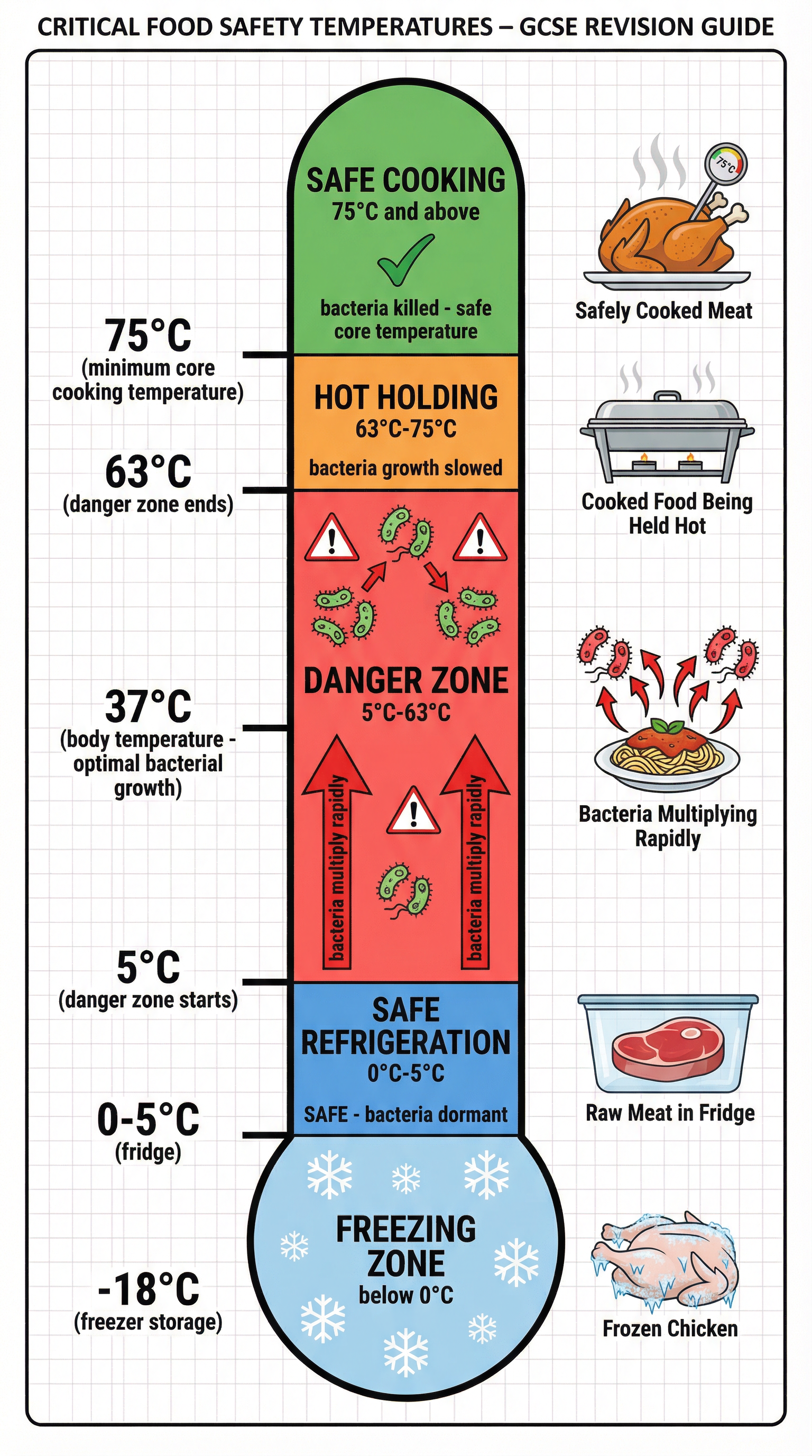 Critical temperatures for controlling bacterial growth.