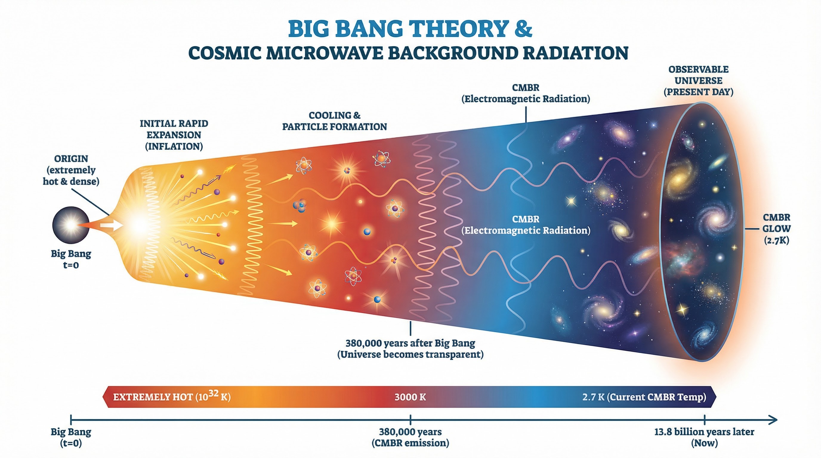 A timeline of the universe from the Big Bang to the present day, showing the origin of CMBR.