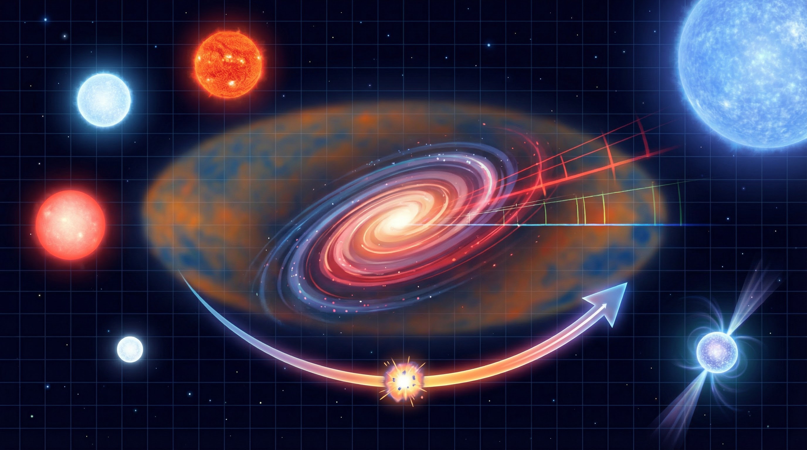 An artist's impression of key cosmological concepts, including stellar evolution and the expanding universe.