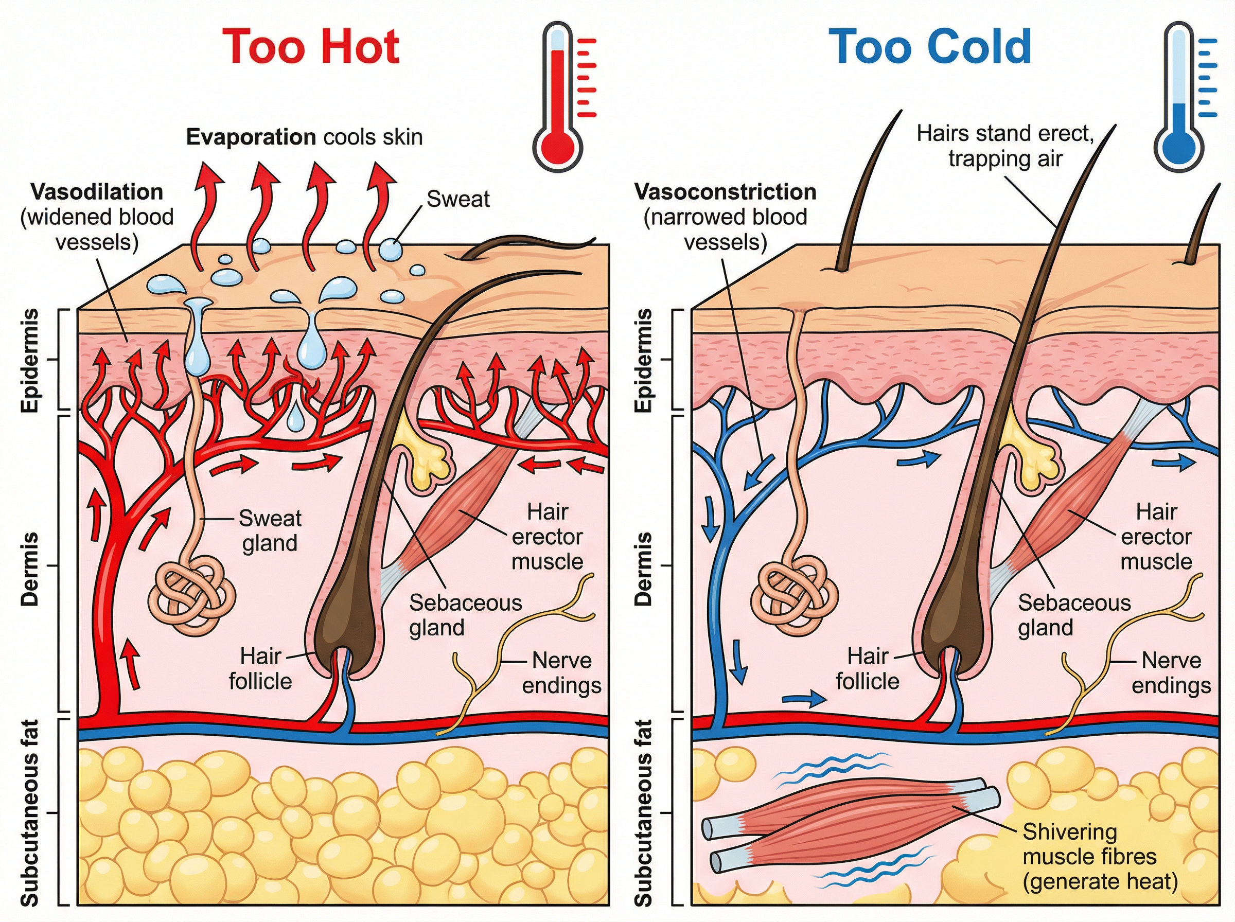 Thermoregulation mechanisms in the skin