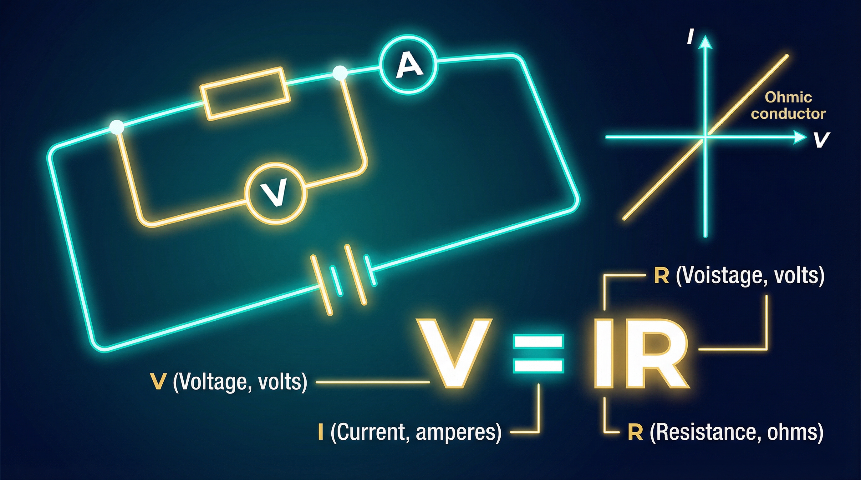 A visual summary of Ohm's Law, showing the V=IR formula, a basic circuit, and an I-V graph for an Ohmic conductor.