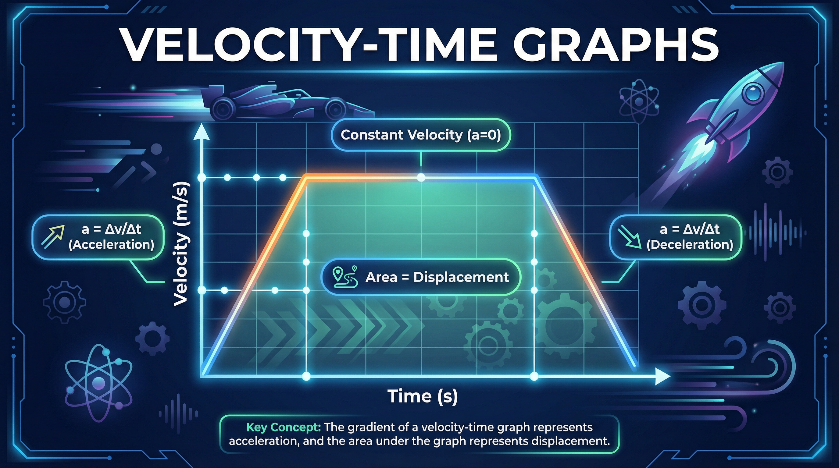 An overview of the key features of a velocity-time graph.