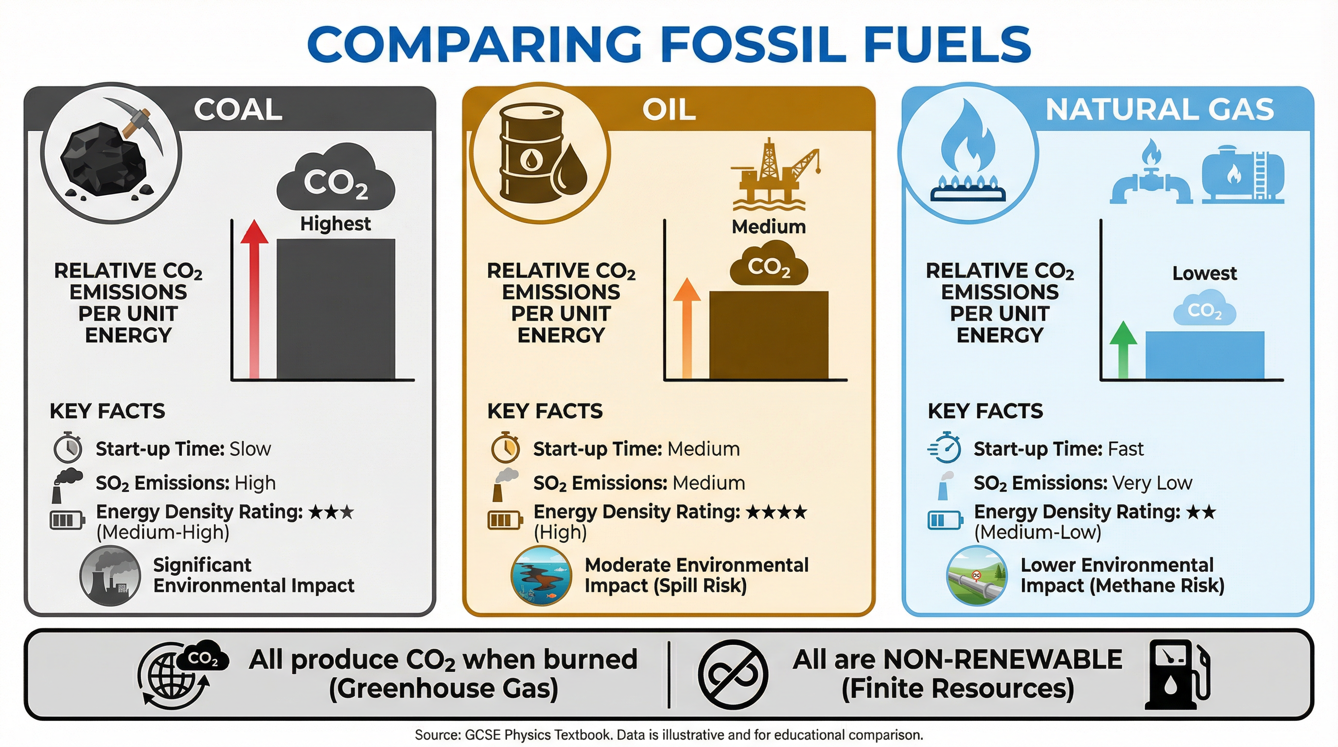 Comparing the Three Fossil Fuels: Key differences in emissions, start-up time, and energy density for OCR exam questions