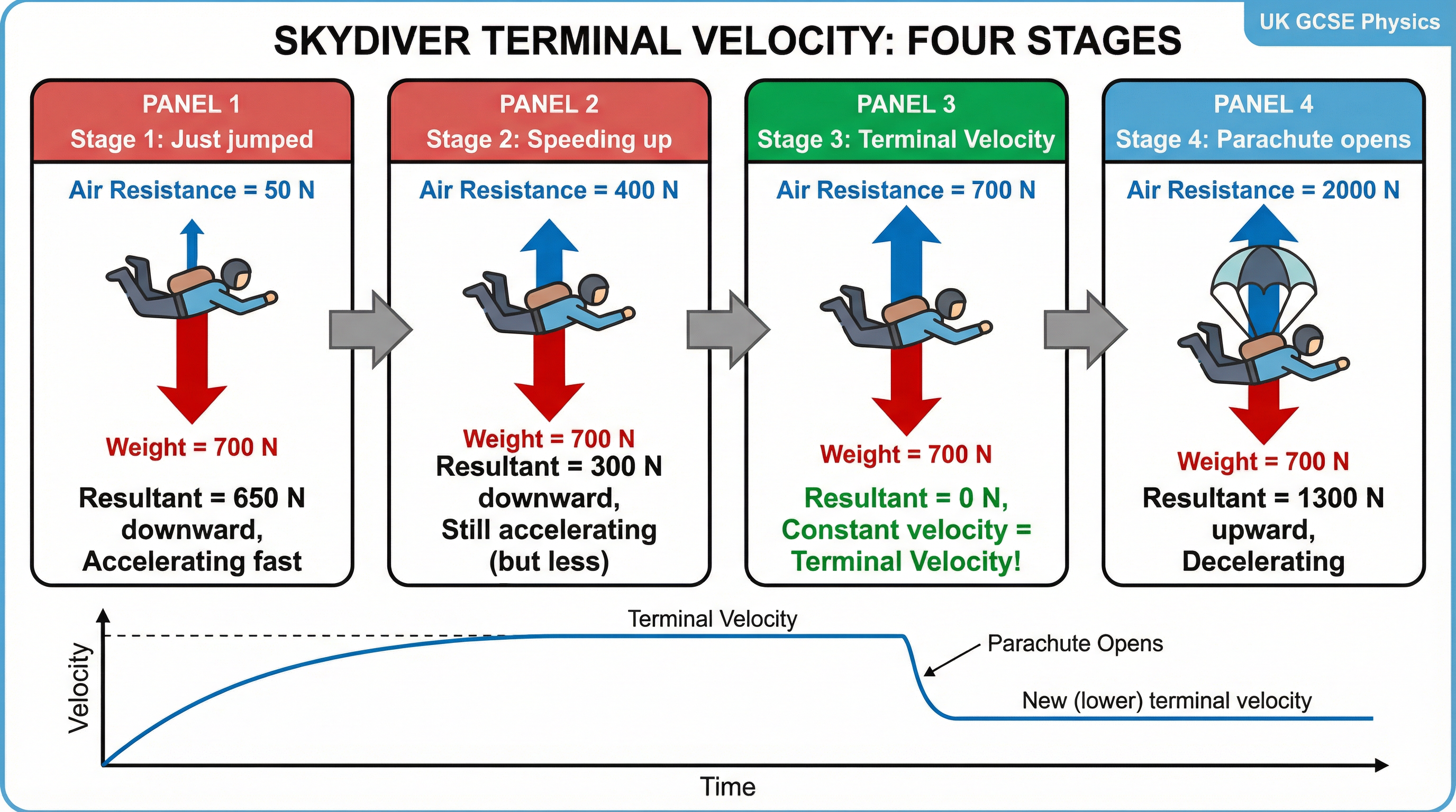 The four stages of motion for a skydiver, illustrating the changing resultant force.