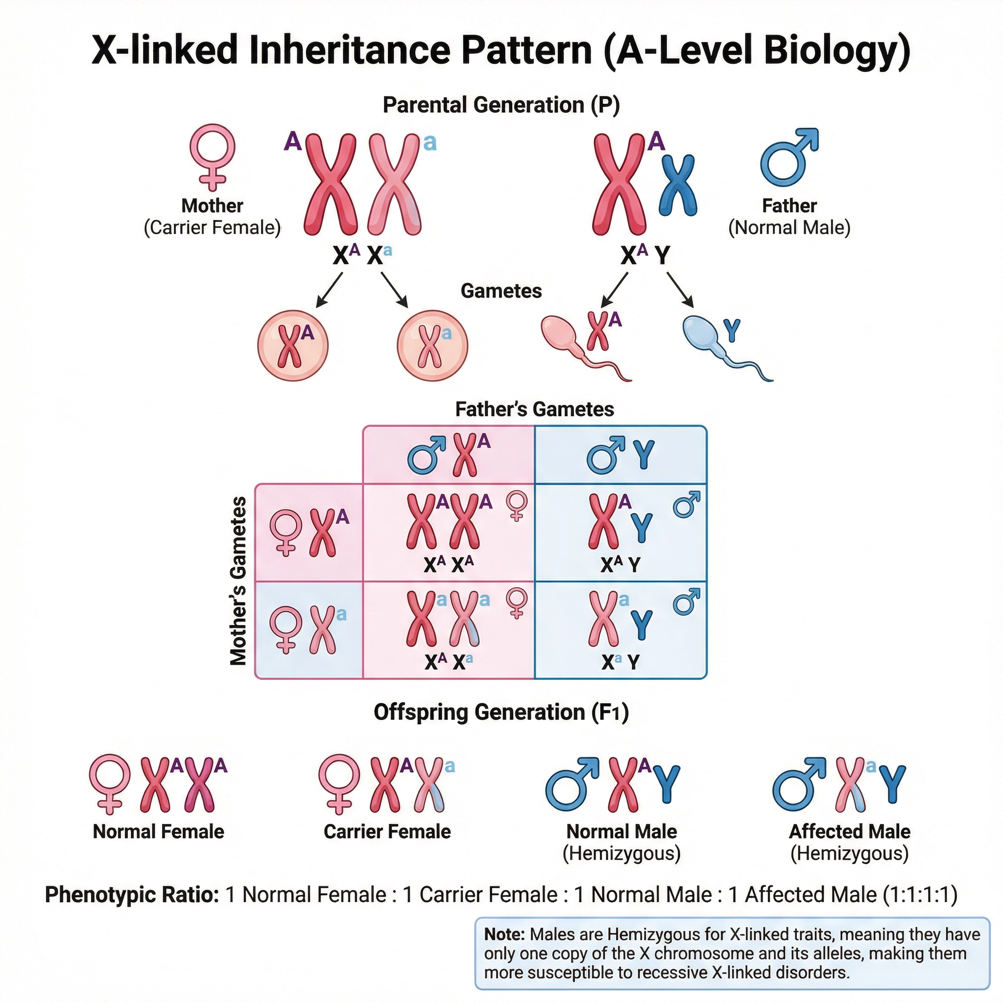 Inheritance of an X-linked trait, demonstrating why males are more commonly affected.