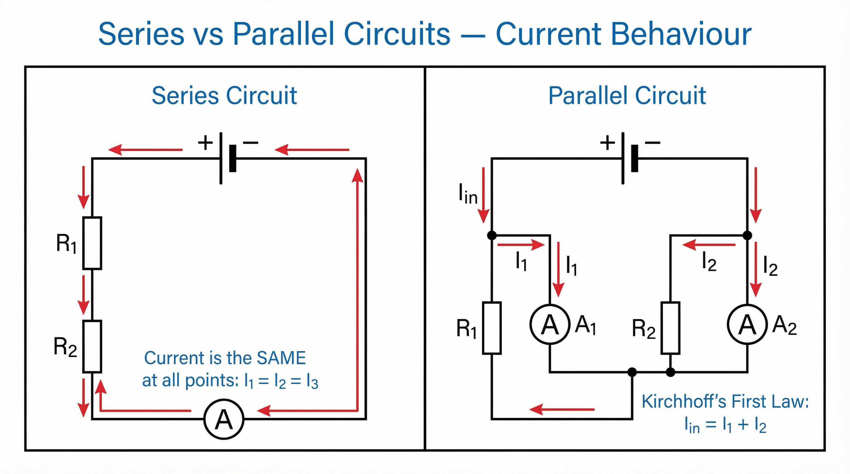 Diagram illustrating how current behaves differently in series (constant) and parallel (splits) circuits.