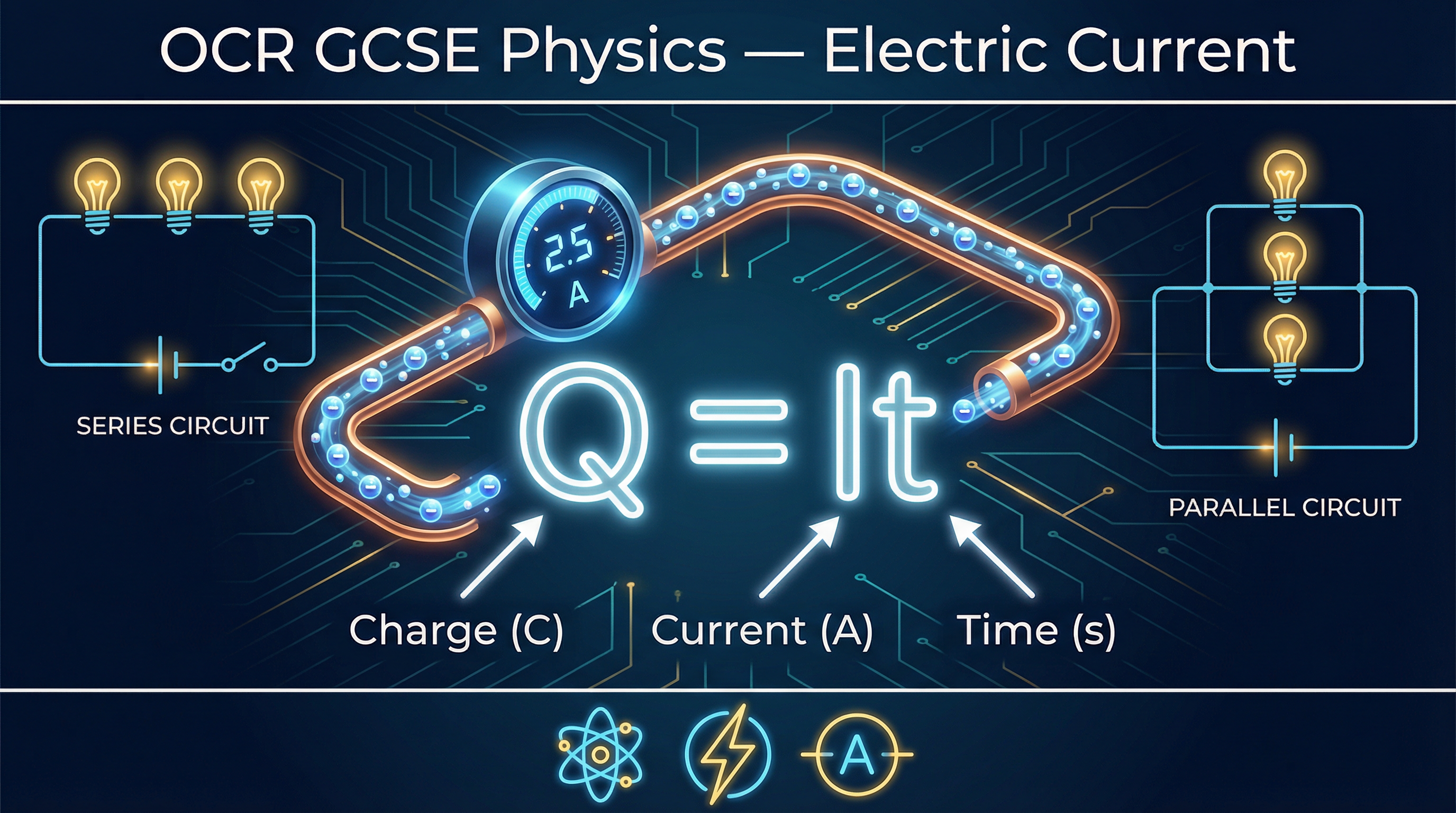 An illustrative overview of Electric Current, showing the Q=It relationship and circuit types.