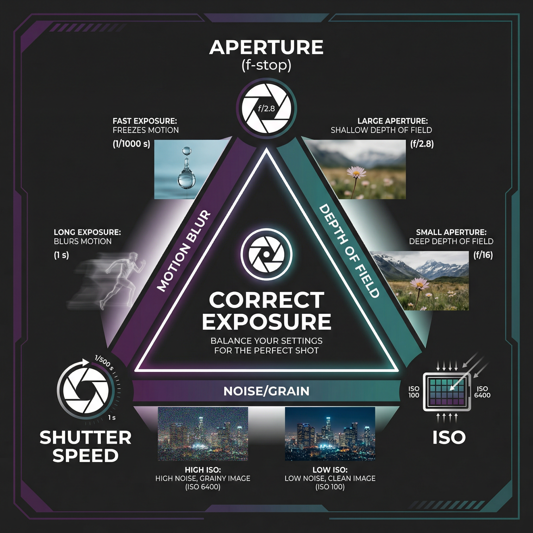 The Exposure Triangle: balancing the three core elements for a perfect shot.