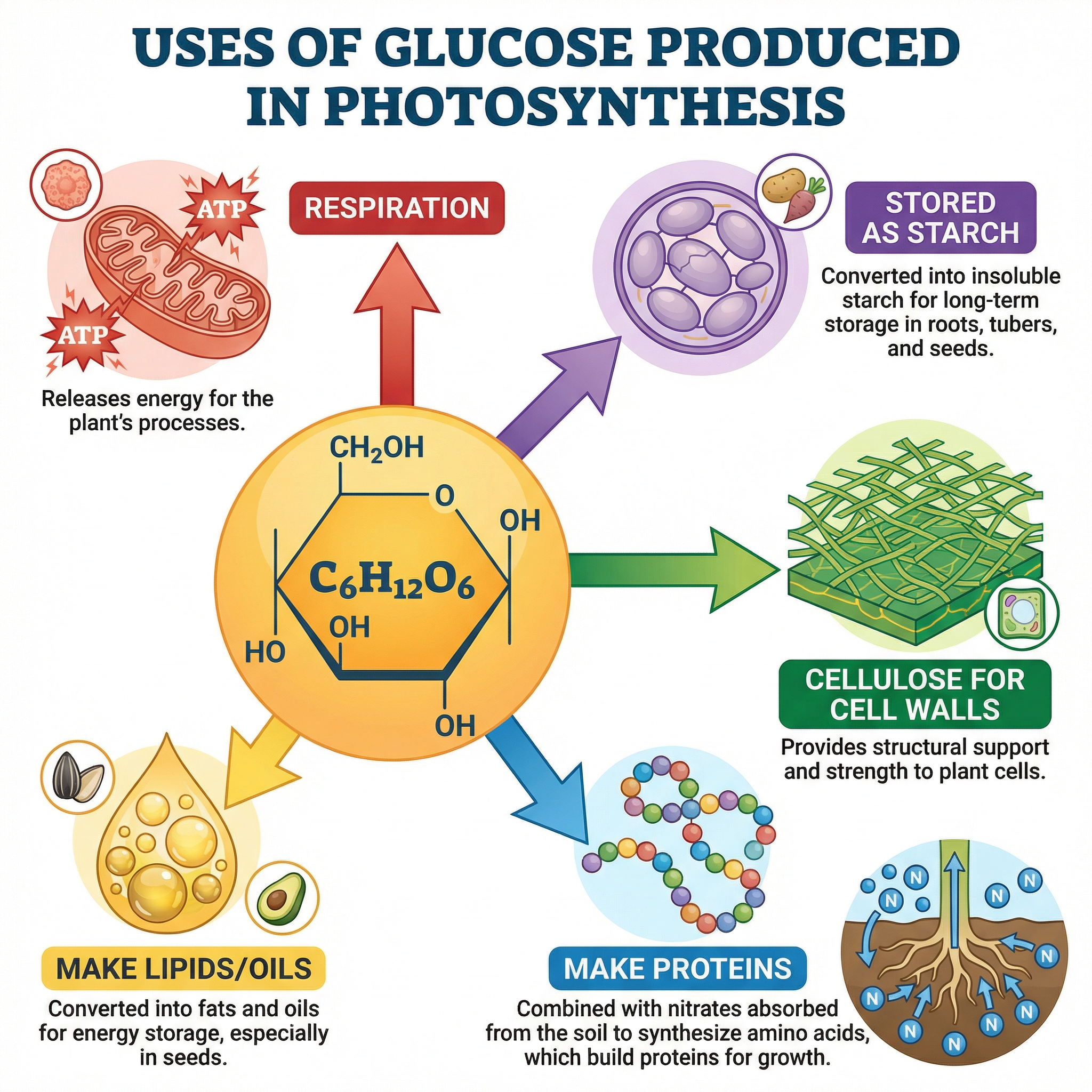 The different ways a plant uses the glucose produced during photosynthesis.