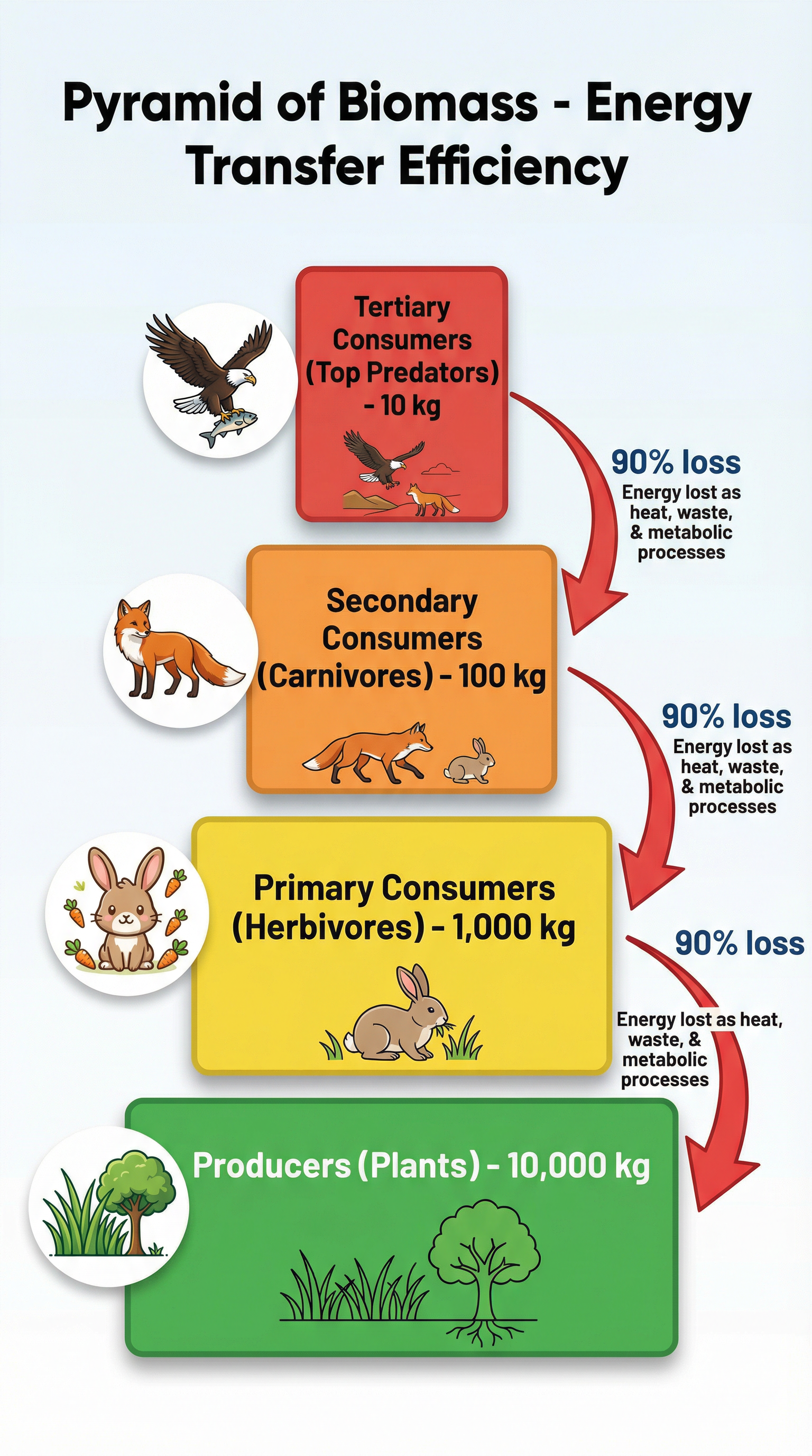 A pyramid of biomass illustrating the decrease in biomass at successive trophic levels.