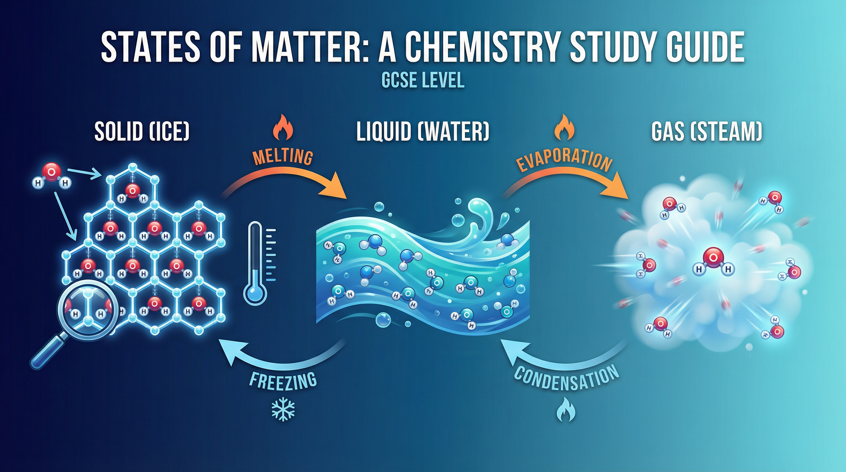 An illustration showing the transitions between solid (ice), liquid (water), and gas (steam).