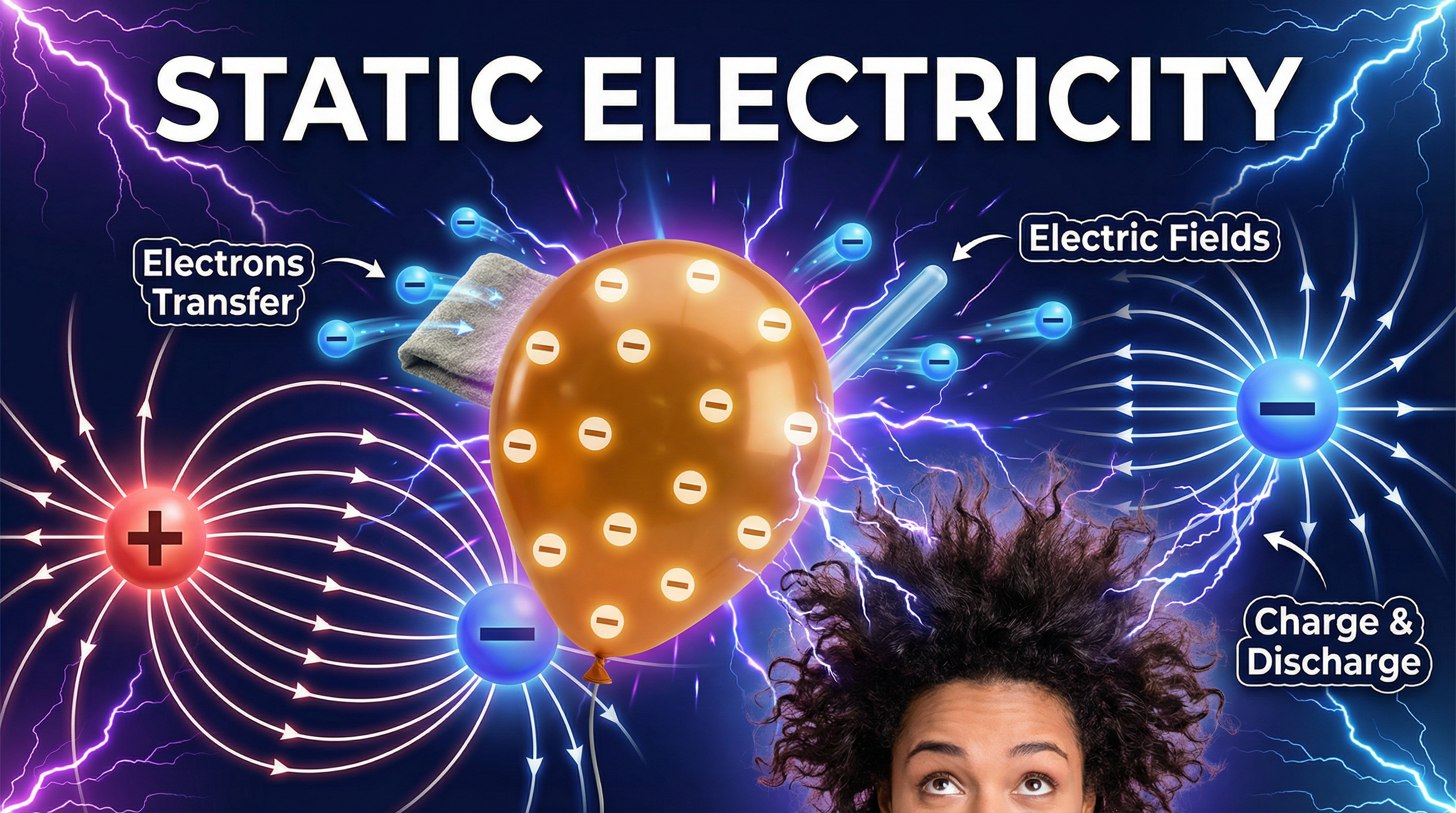 An illustration showing the key concepts of static electricity: electron transfer, electric fields, and charge/discharge.