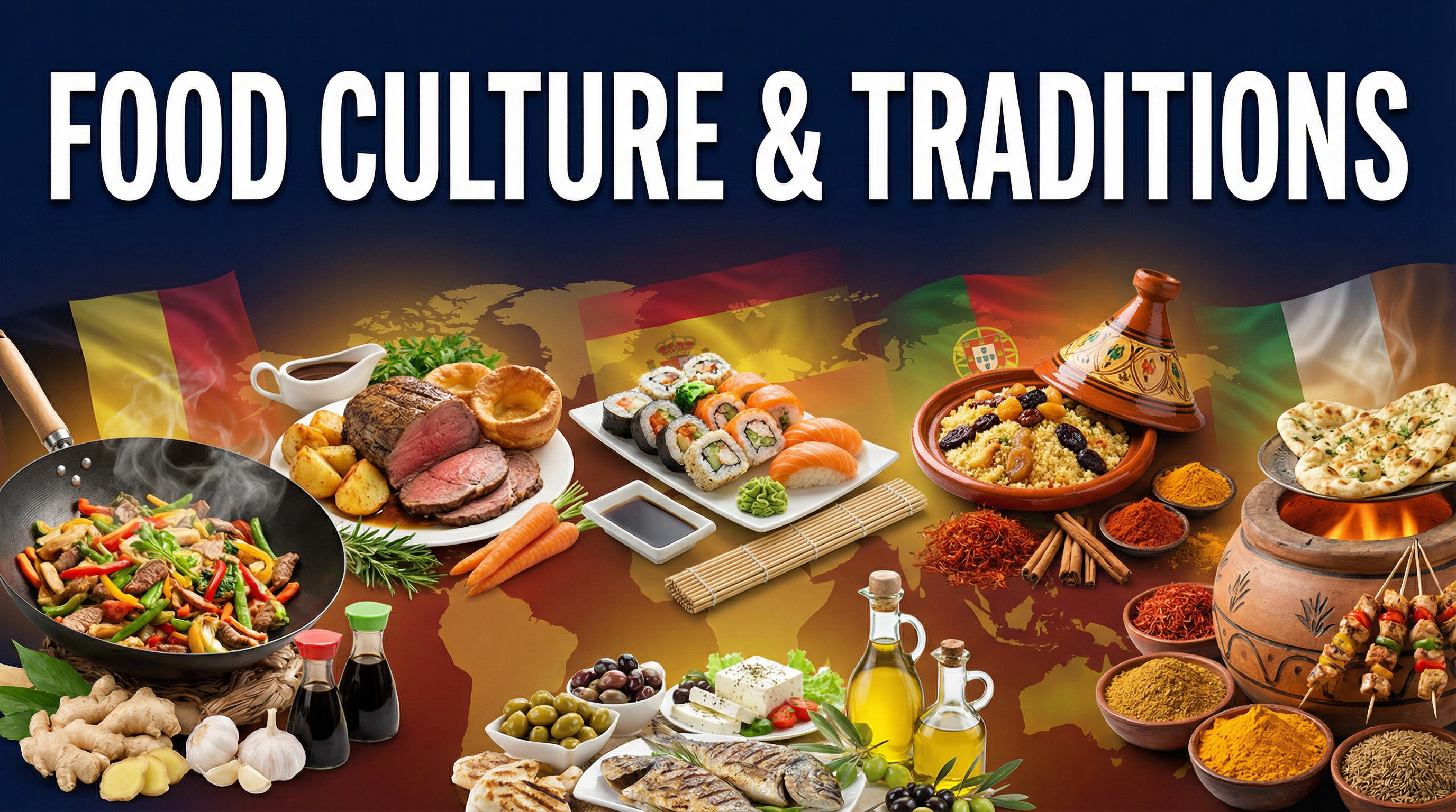 A collage of international foods and ingredients.