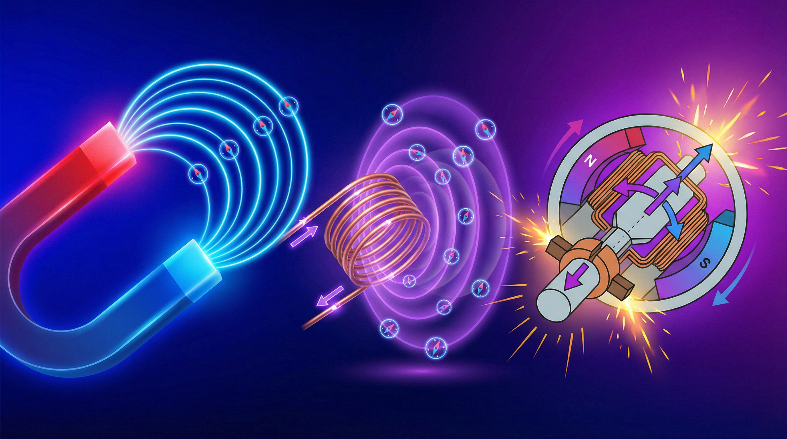 An illustration showing a horseshoe magnet, an electromagnet, and a DC motor.