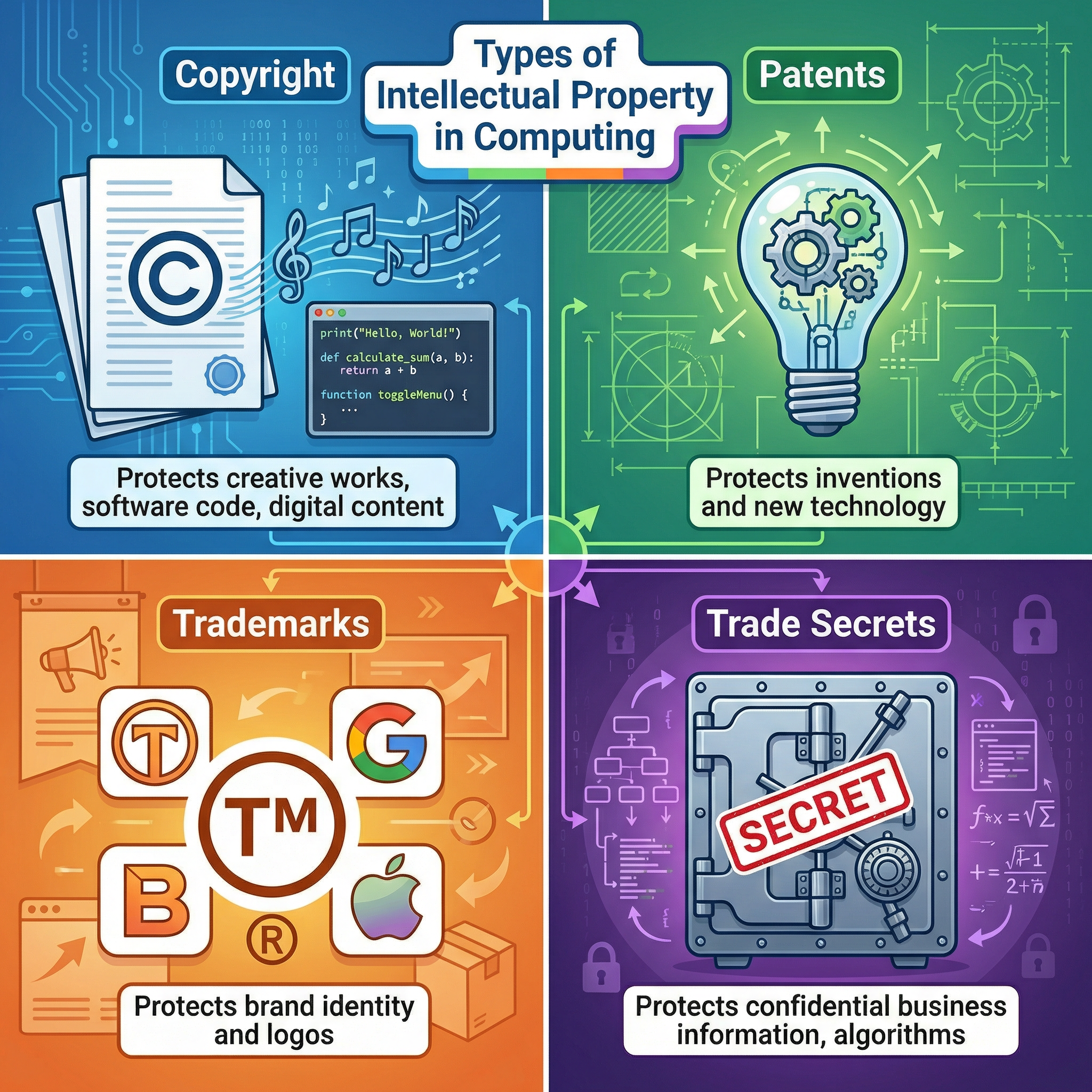 Key types of Intellectual Property in a computing context.