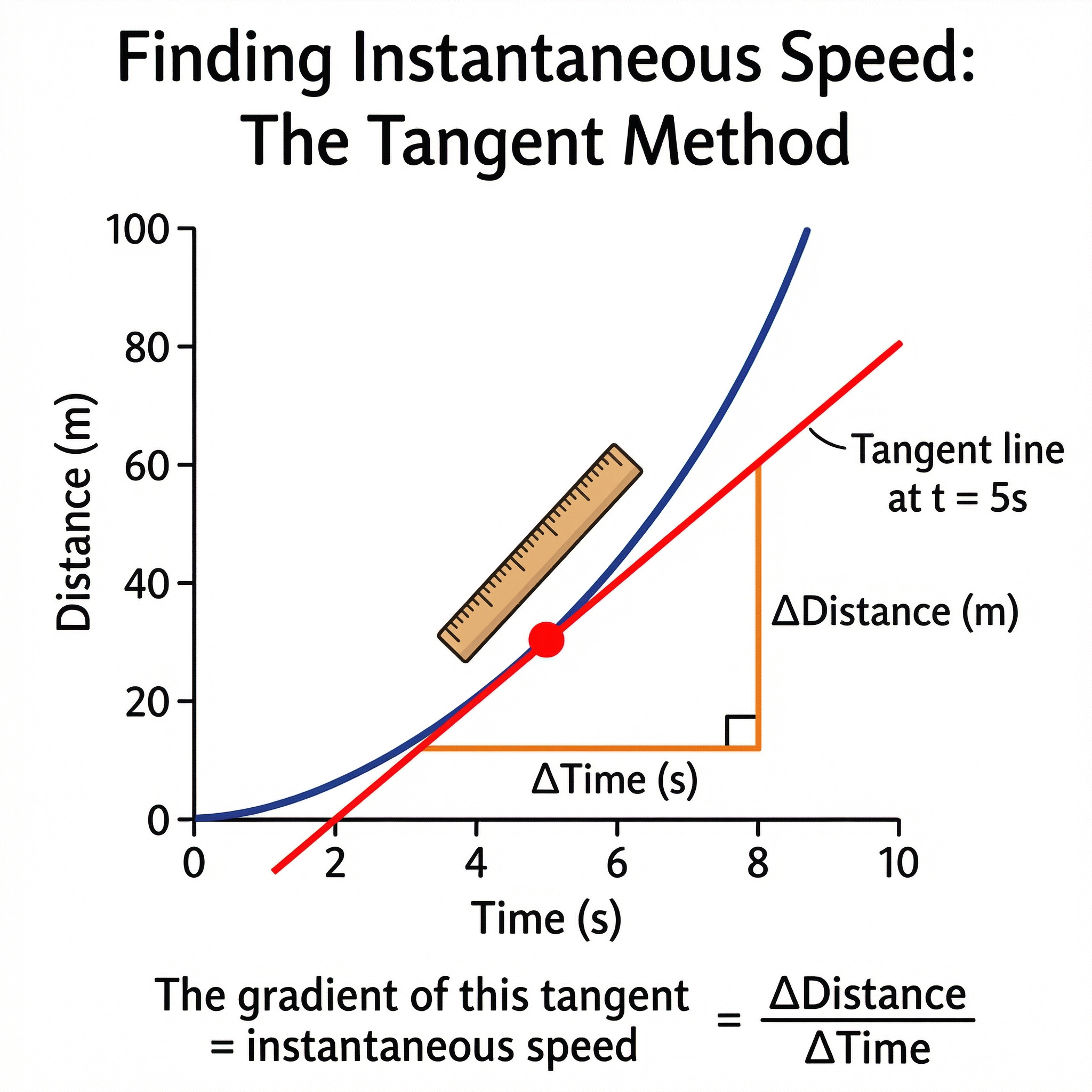The tangent method for finding instantaneous speed (Higher Tier).