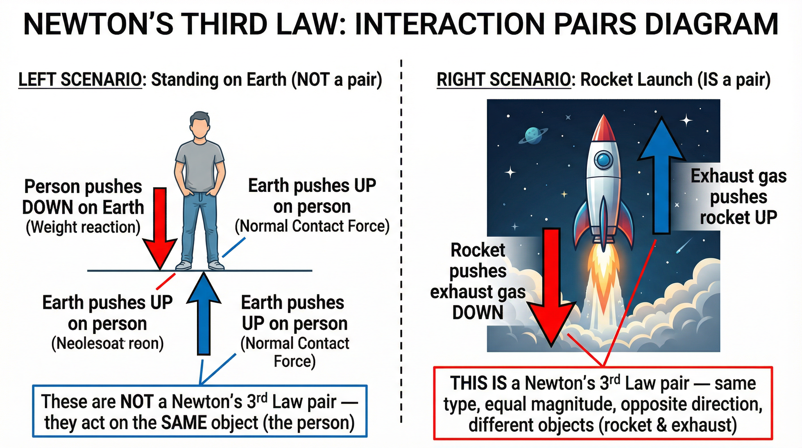 Distinguishing between balanced forces and Newton's Third Law pairs.