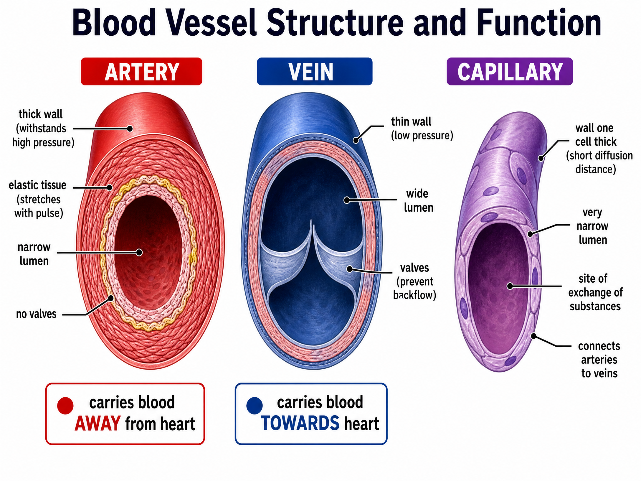 Comparing the structure of arteries, veins, and capillaries.