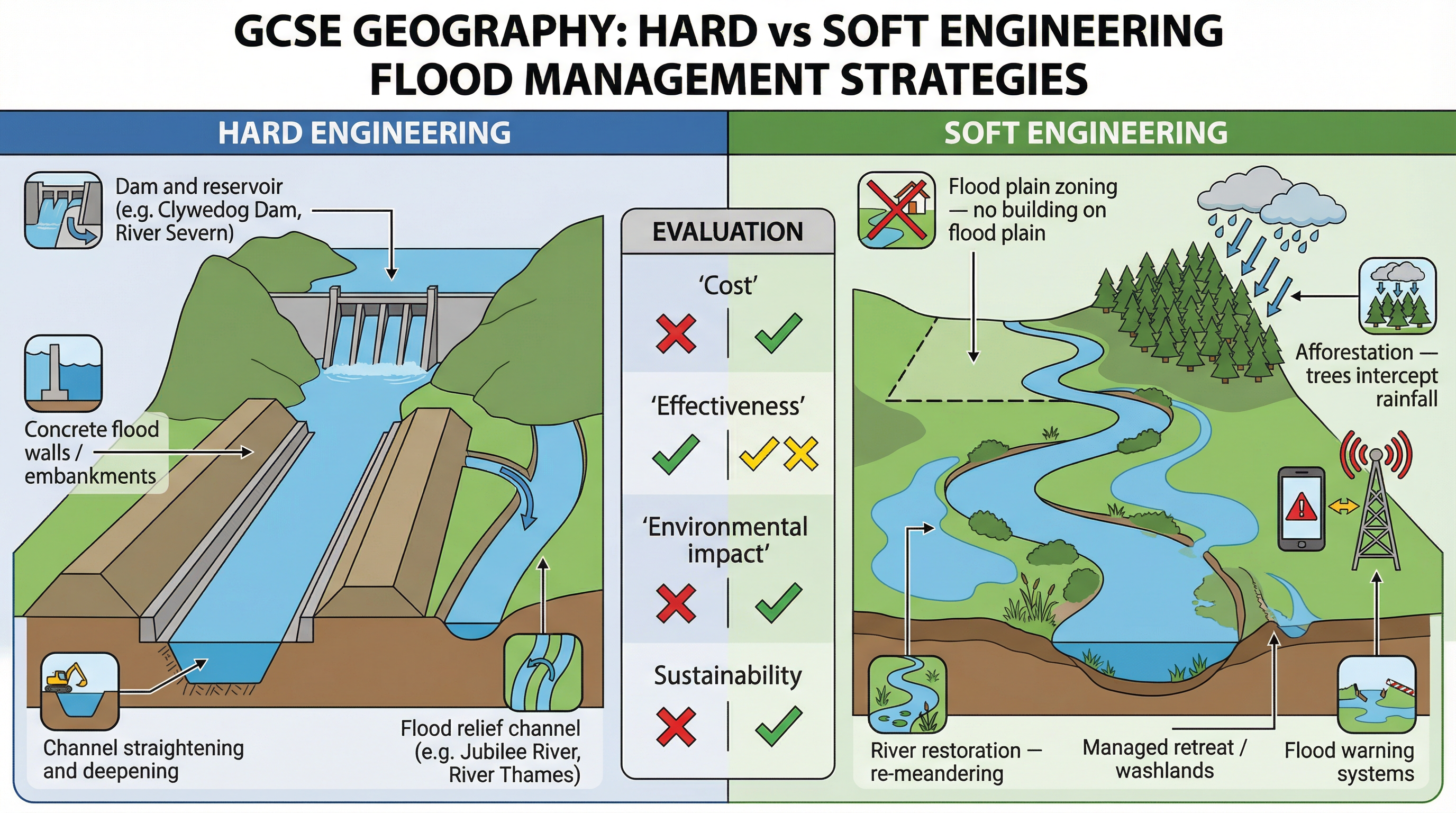 A summary of hard and soft engineering techniques for managing river floods.
