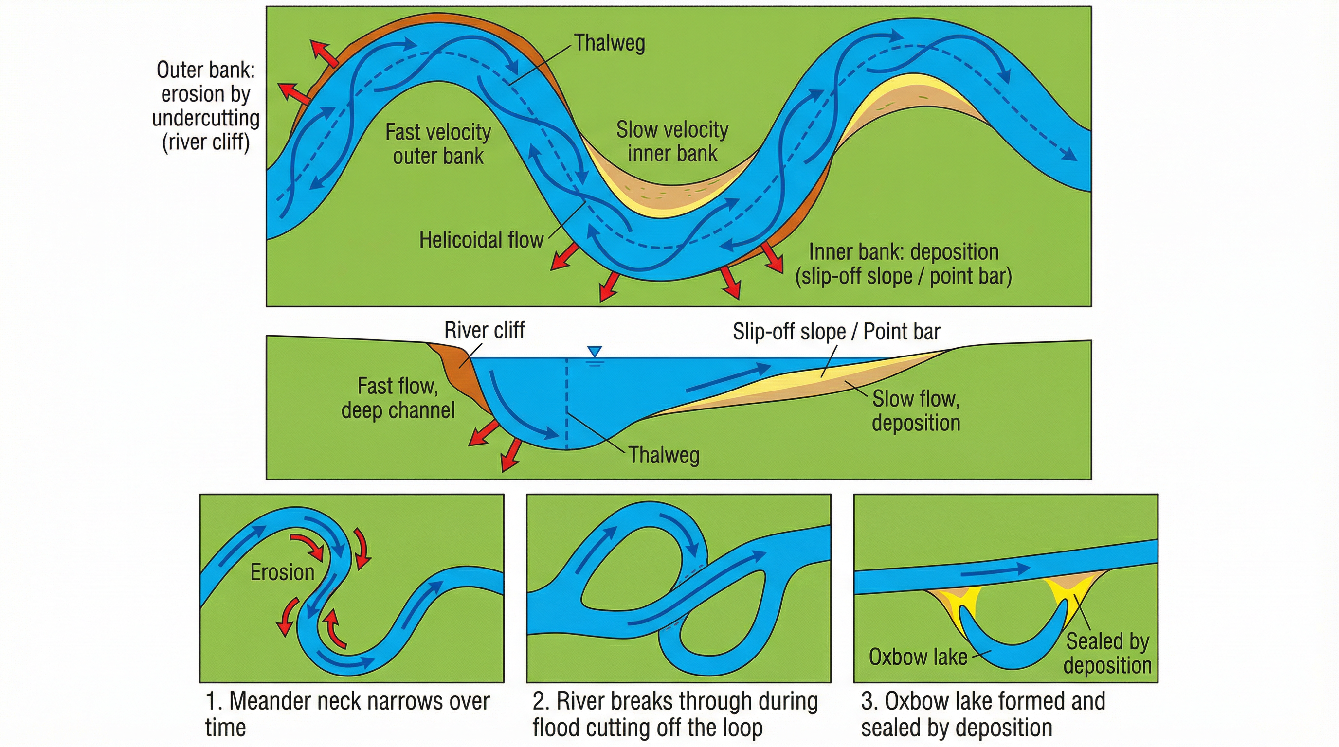 The formation of meanders and oxbow lakes.