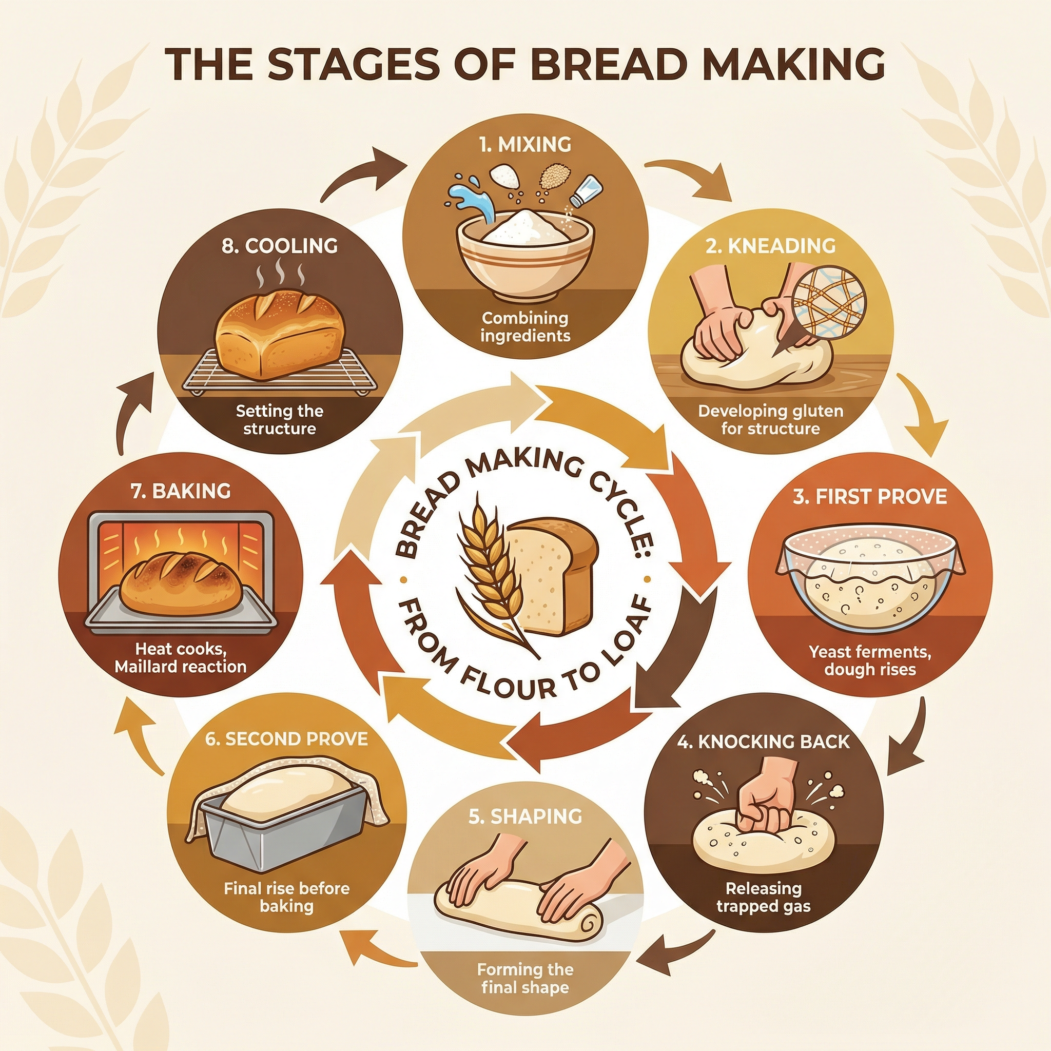 The 8 stages of bread making, from mixing to cooling.