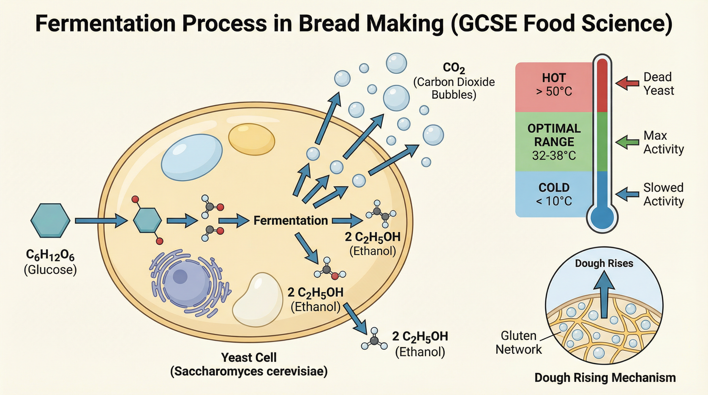 Yeast converts glucose into the CO2 that makes bread rise.