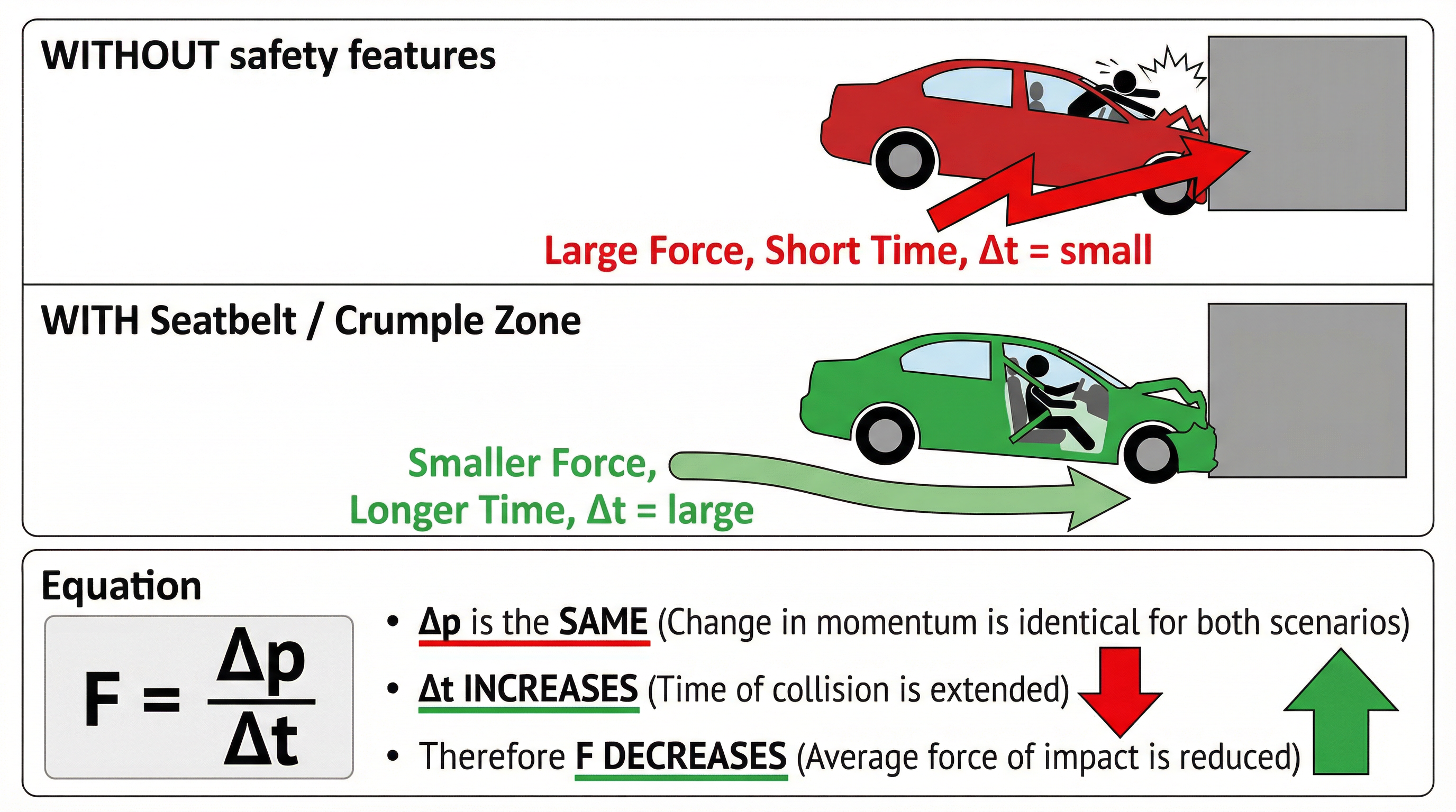 How safety features reduce force by extending impact time.