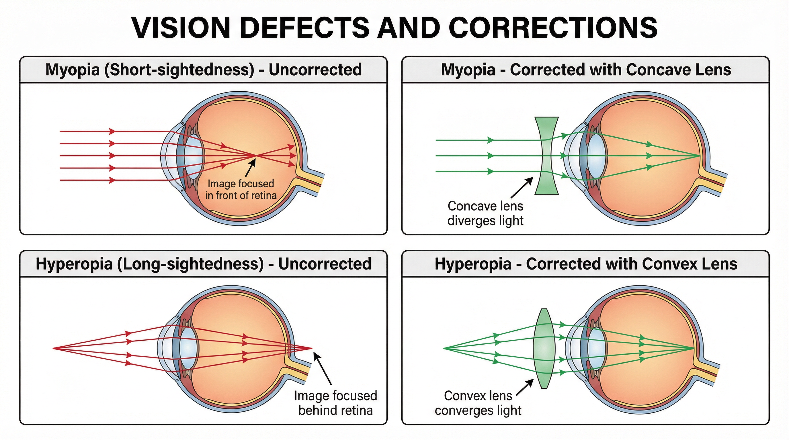 Diagram illustrating the correction of myopia and hyperopia.