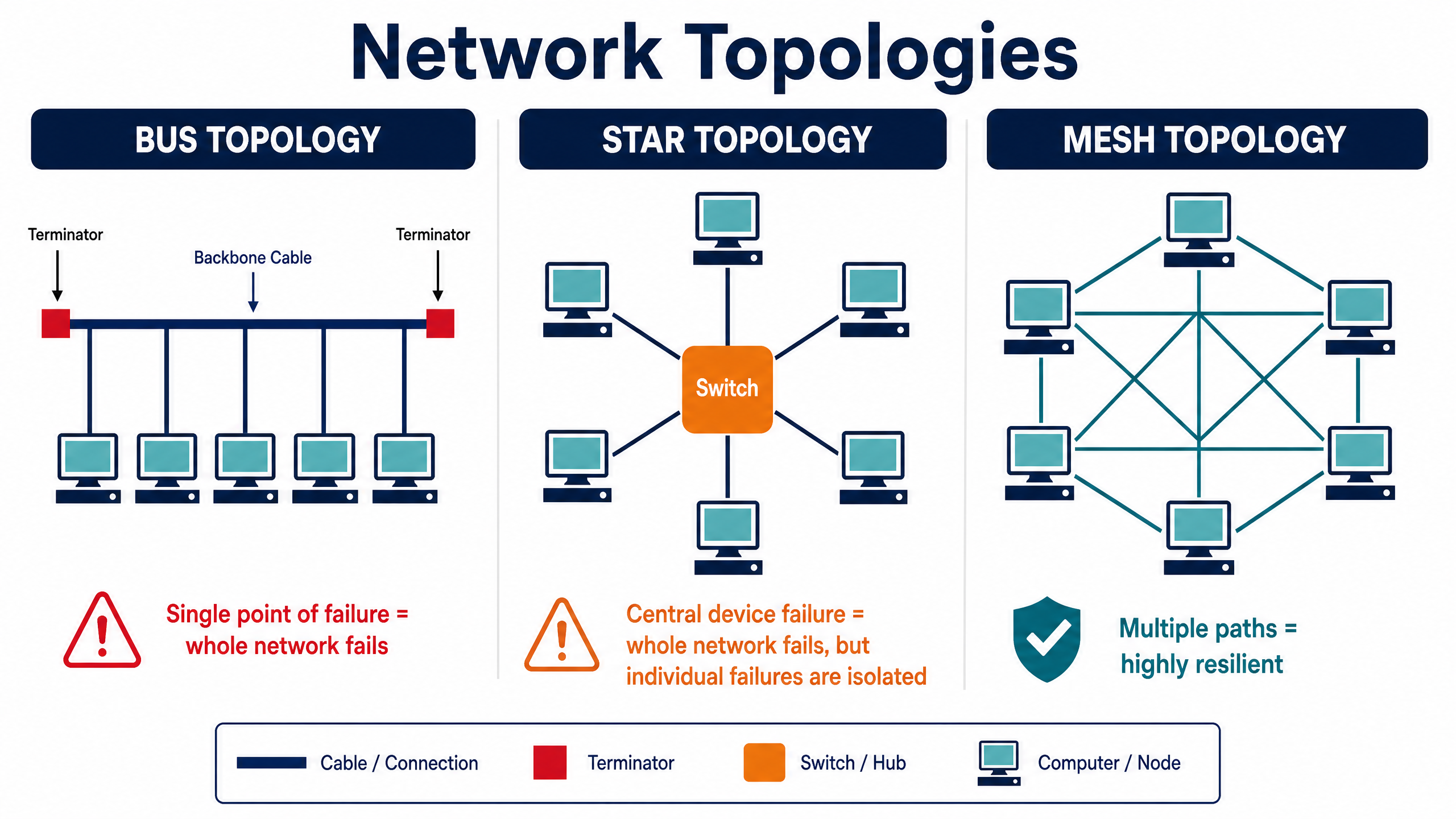 Comparison of Bus, Star, and Mesh Topologies