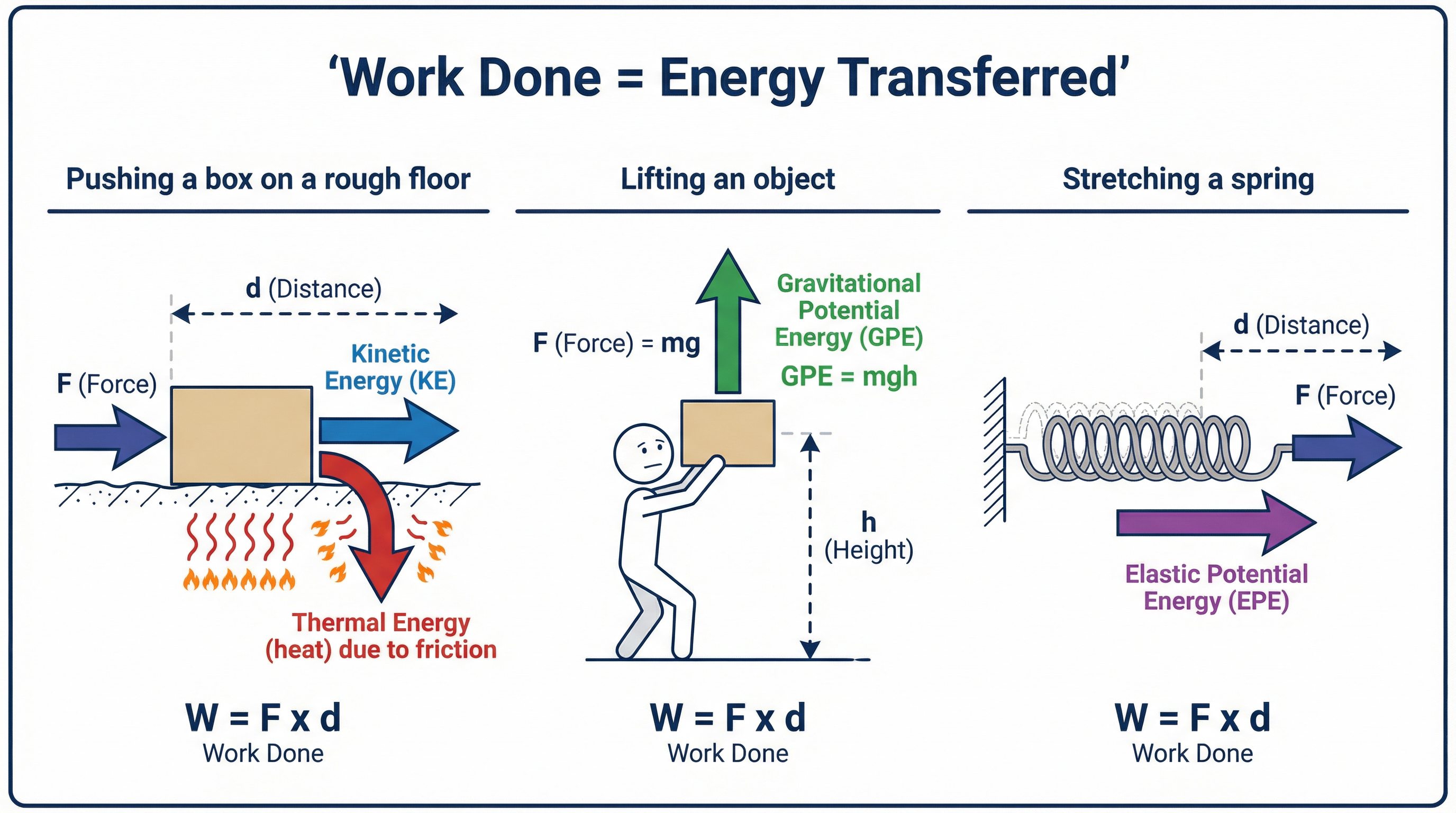 Work Done = Energy Transferred: three key scenarios showing different energy store destinations