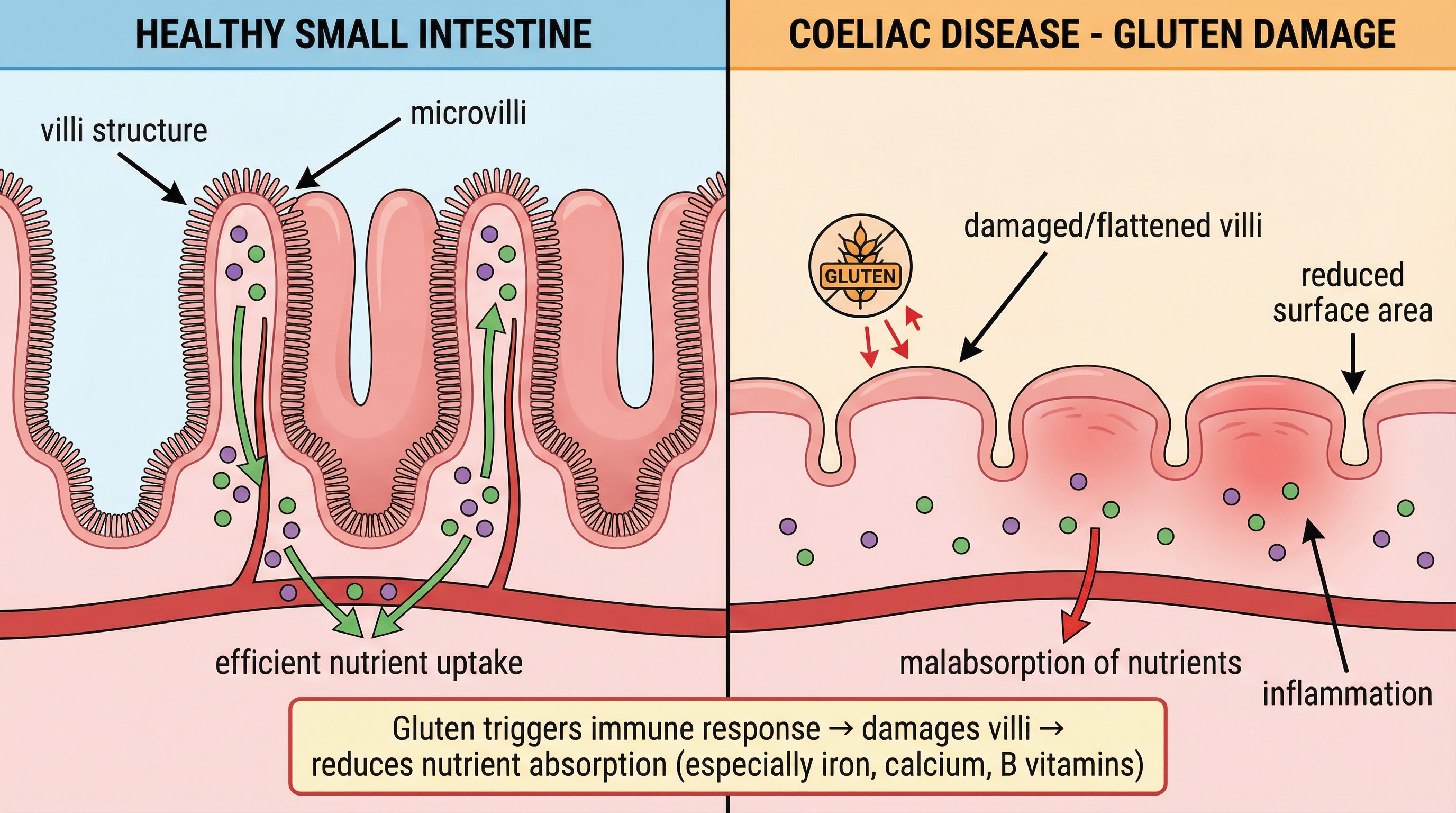 Healthy Small Intestine vs. Coeliac Disease - Gluten Damage to Villi