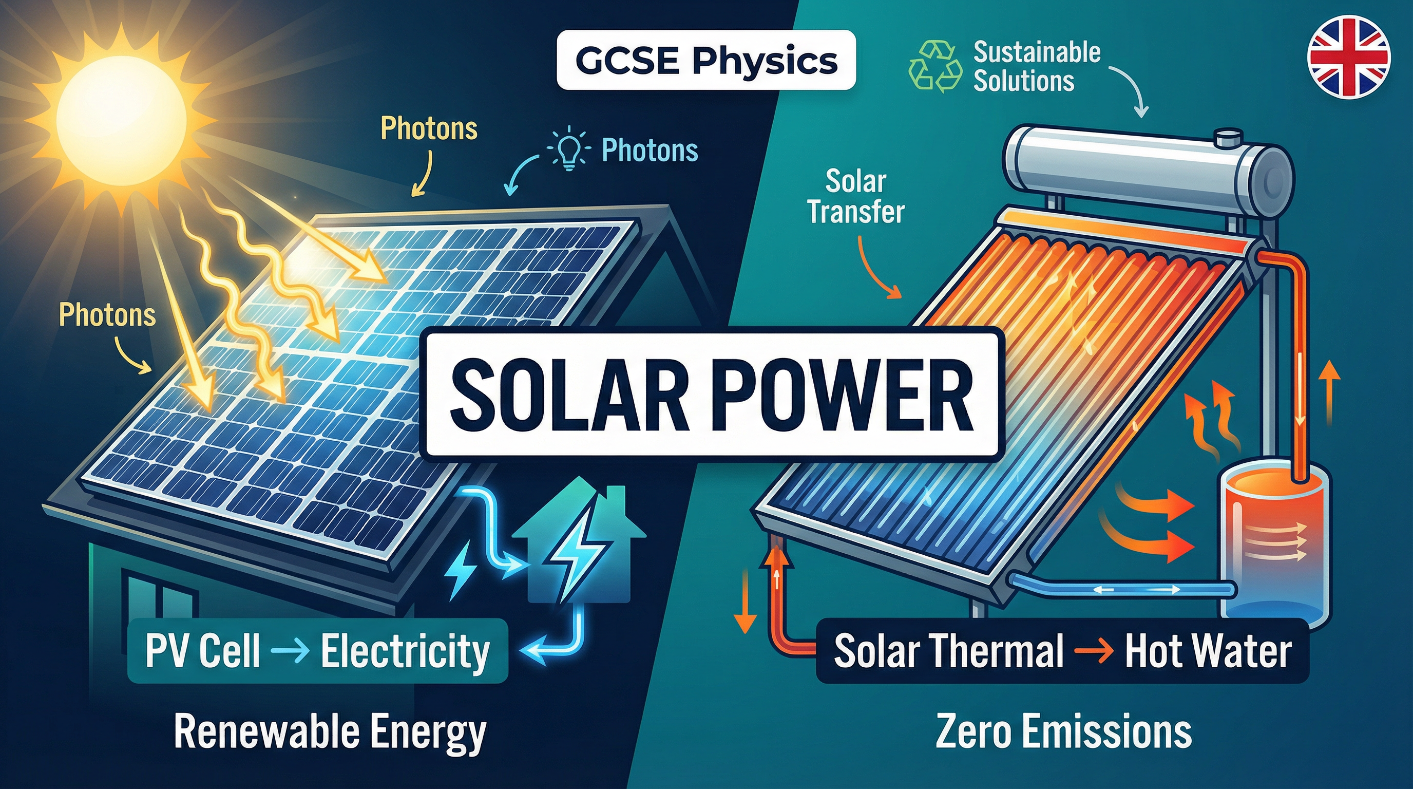 Header image distinguishing between Solar PV (electricity) and Solar Thermal (hot water).