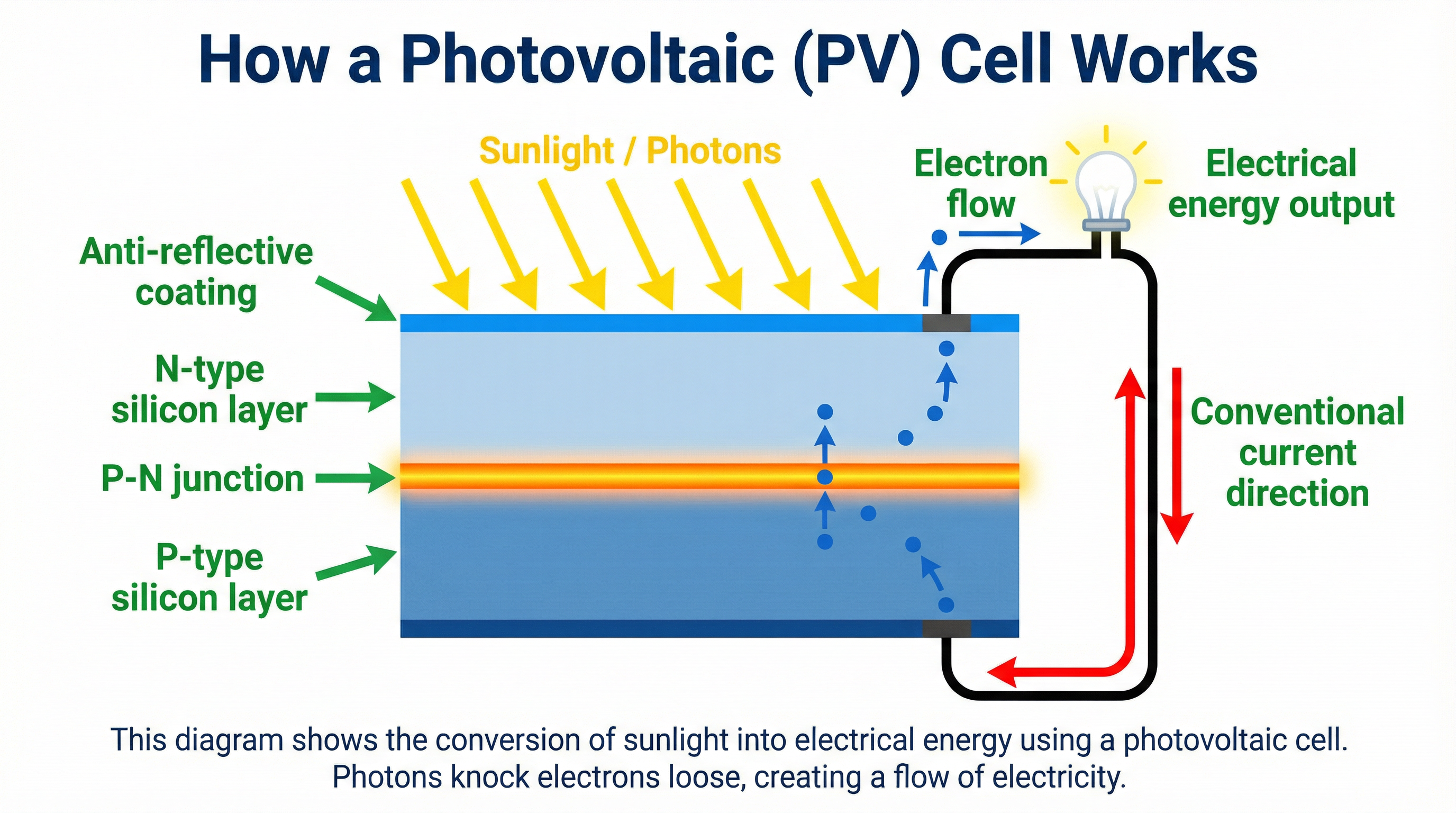 Cross-section of a PV cell illustrating the photovoltaic effect.