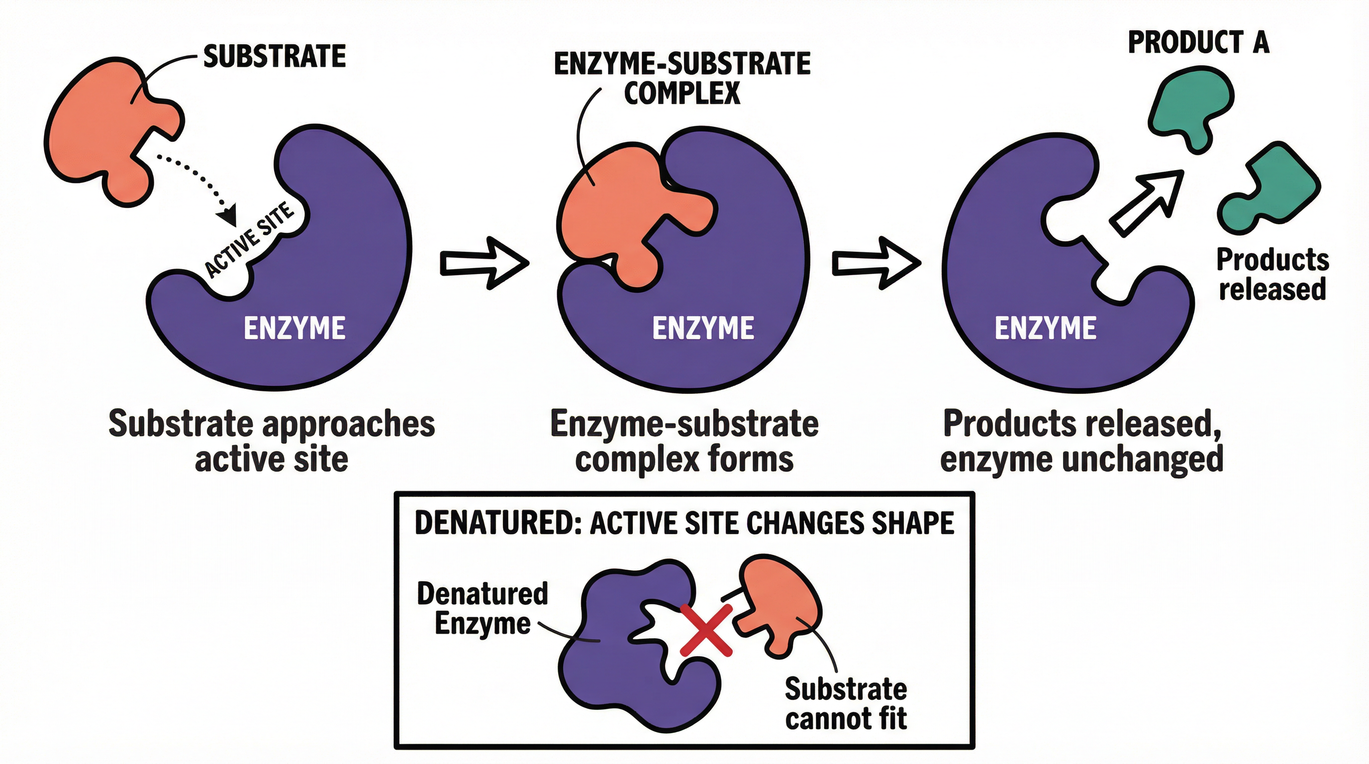 The lock and key model of enzyme action, including denaturation