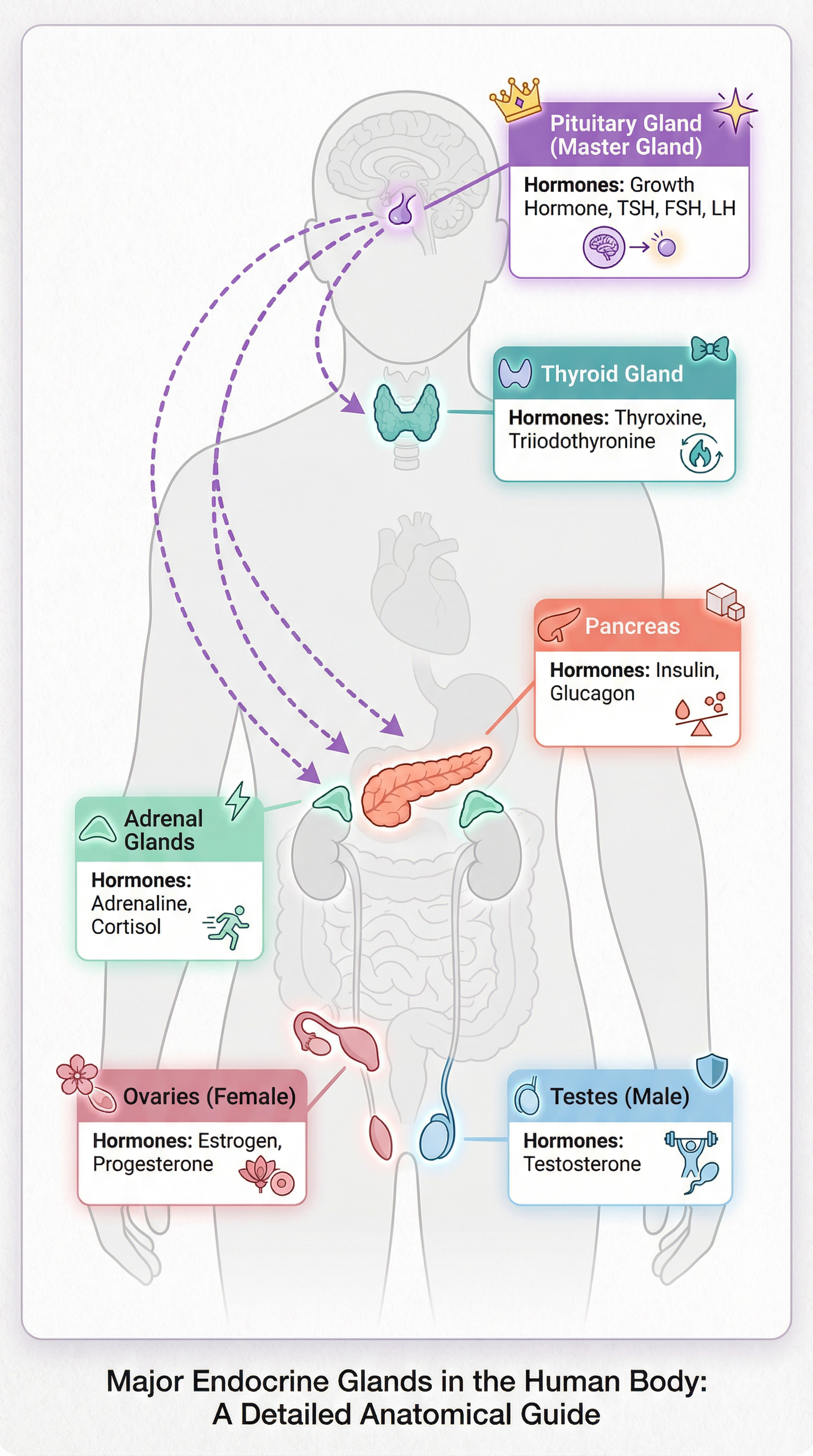Map of the major endocrine glands in the human body.