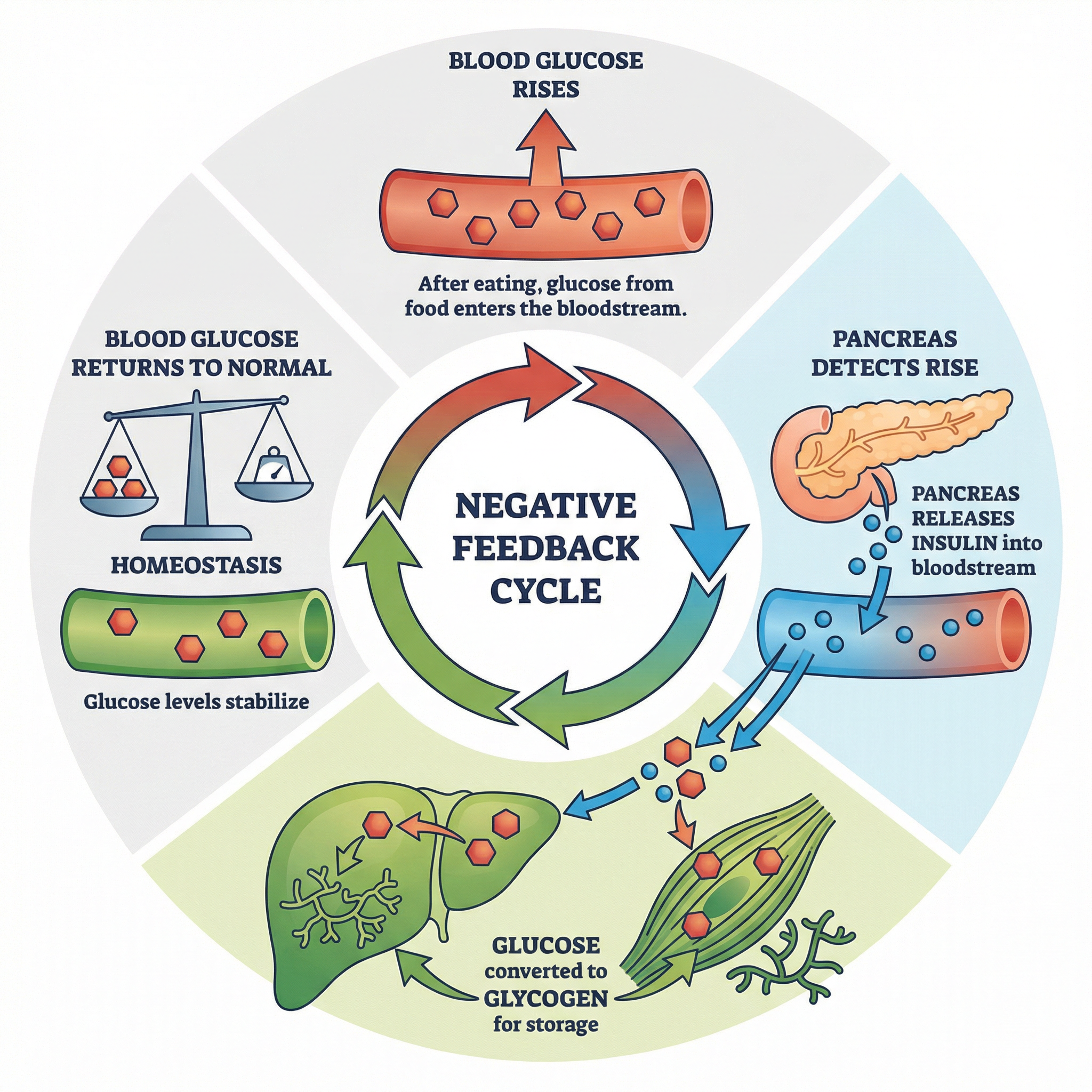 The negative feedback cycle involving insulin and glucagon to control blood glucose.