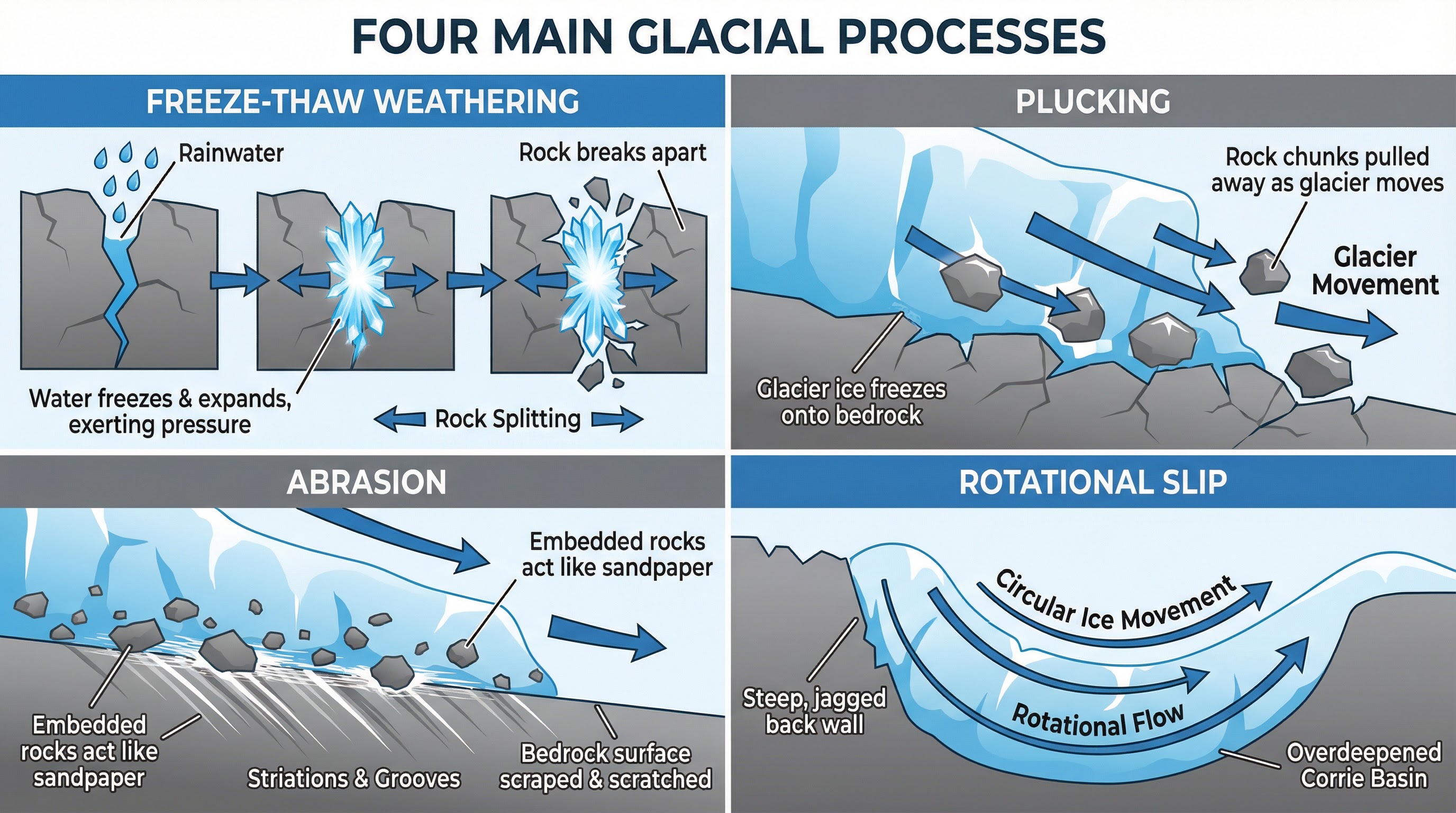 The four key processes that shape glacial landscapes.