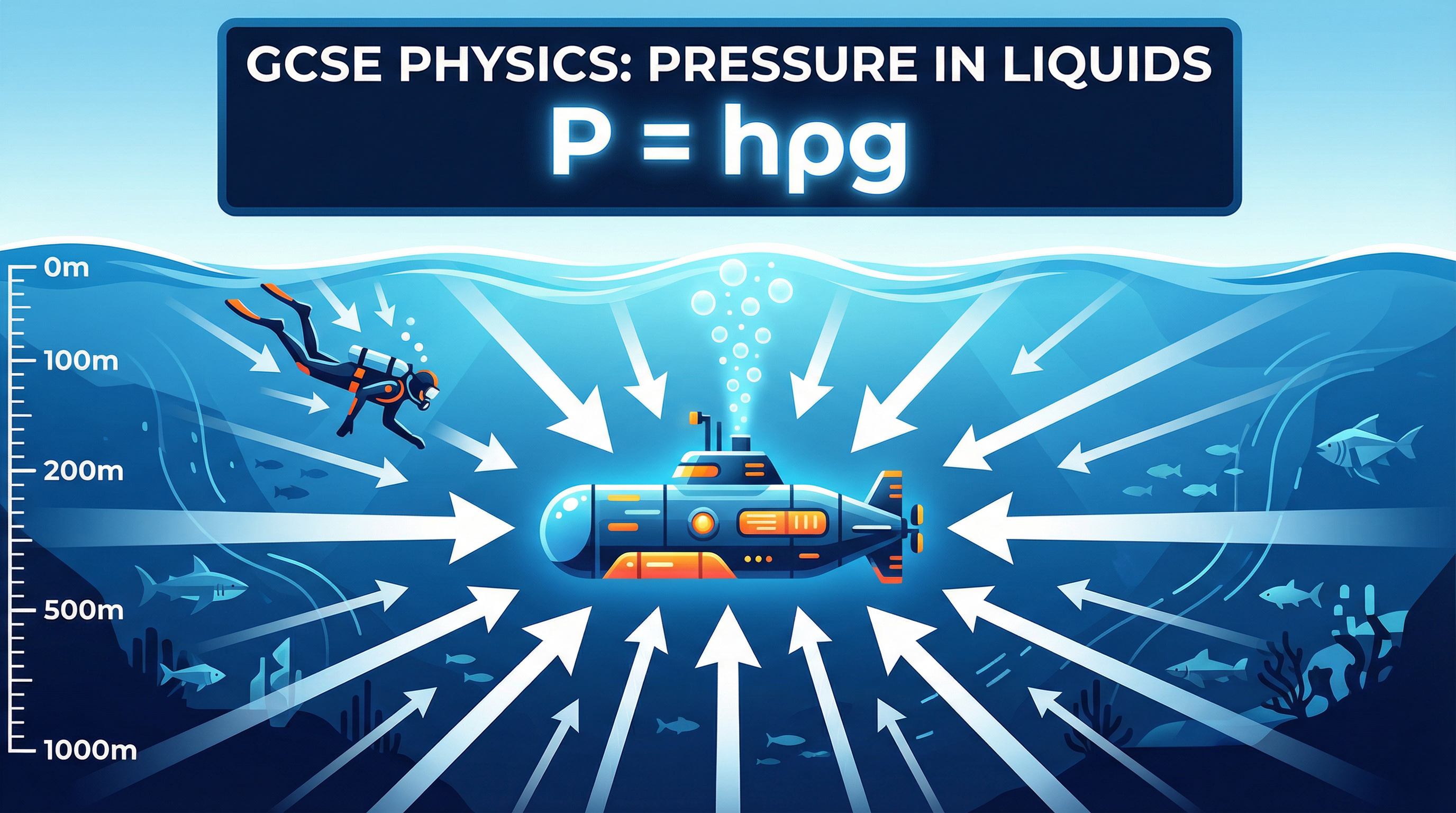 OCR GCSE Physics — Pressure in Liquids (Topic 2.9): Pressure increases with depth and acts in all directions, governed by P = hρg.