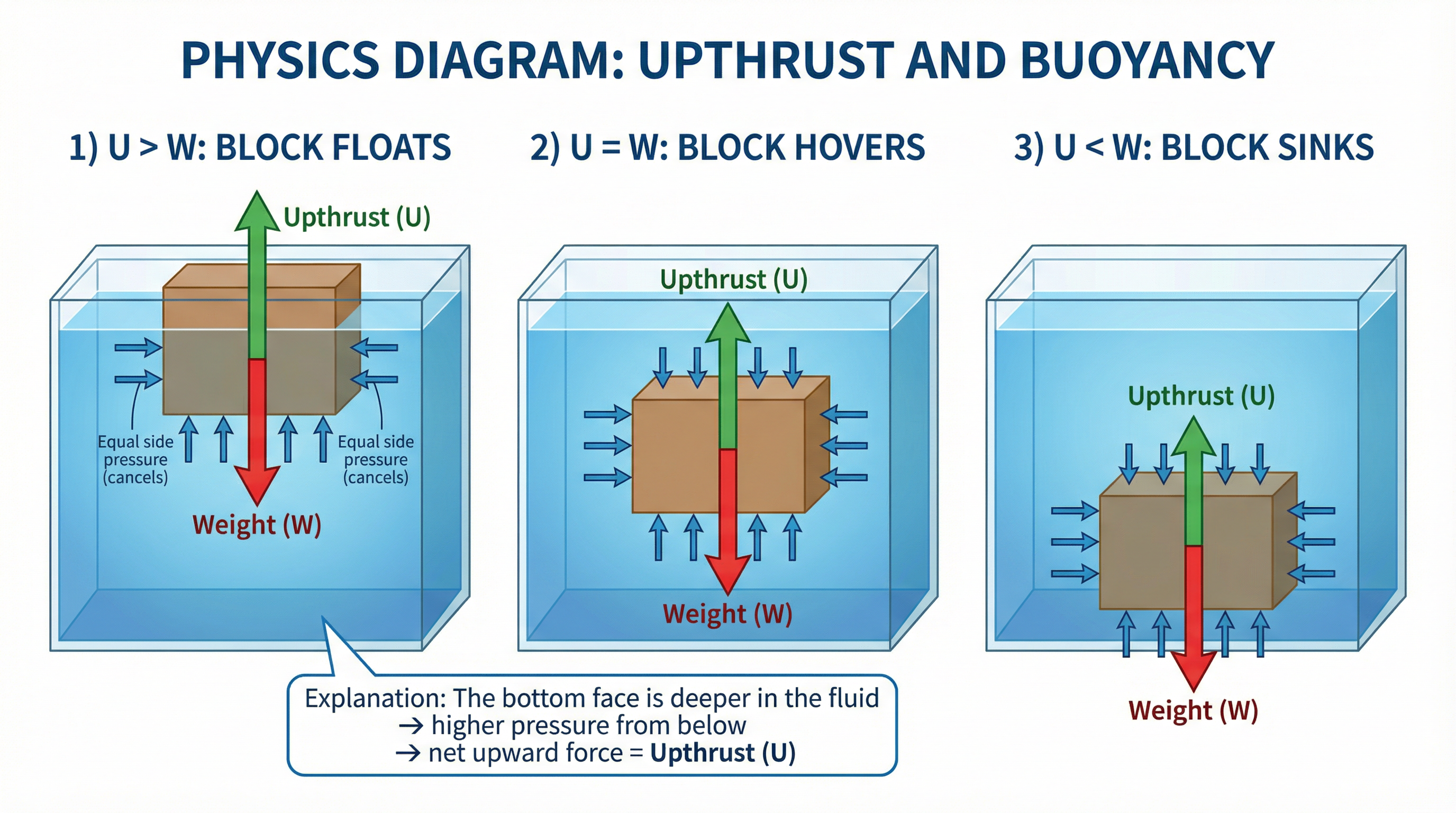 Upthrust arises from the pressure difference between the bottom and top faces of a submerged object. The three scenarios show how the relative magnitudes of weight and upthrust determine whether an object floats, hovers, or sinks.