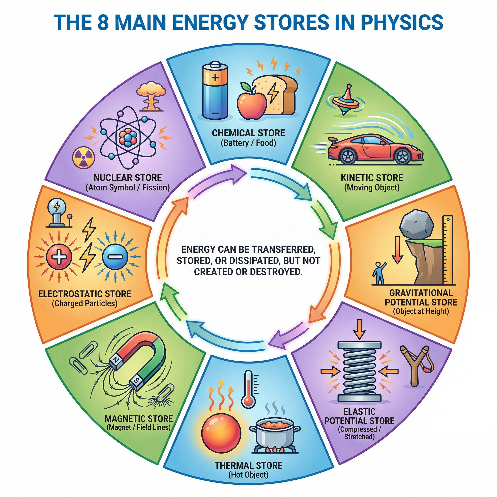 The 8 main energy stores in physics.