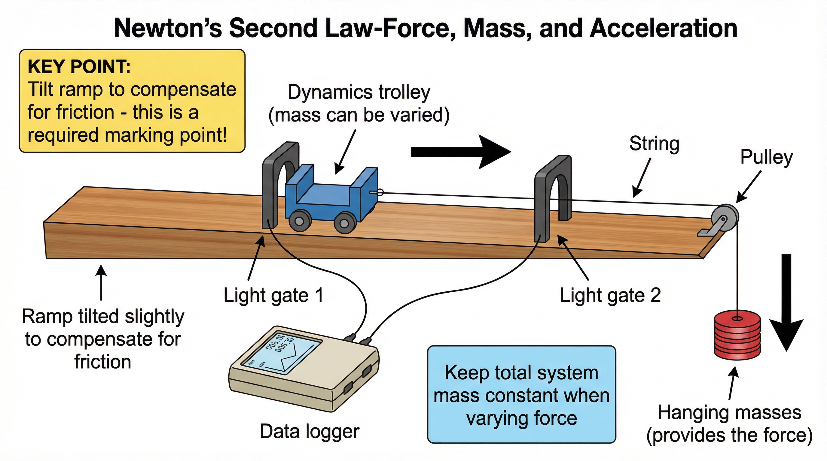 The required setup for the Core Practical investigating F=ma.