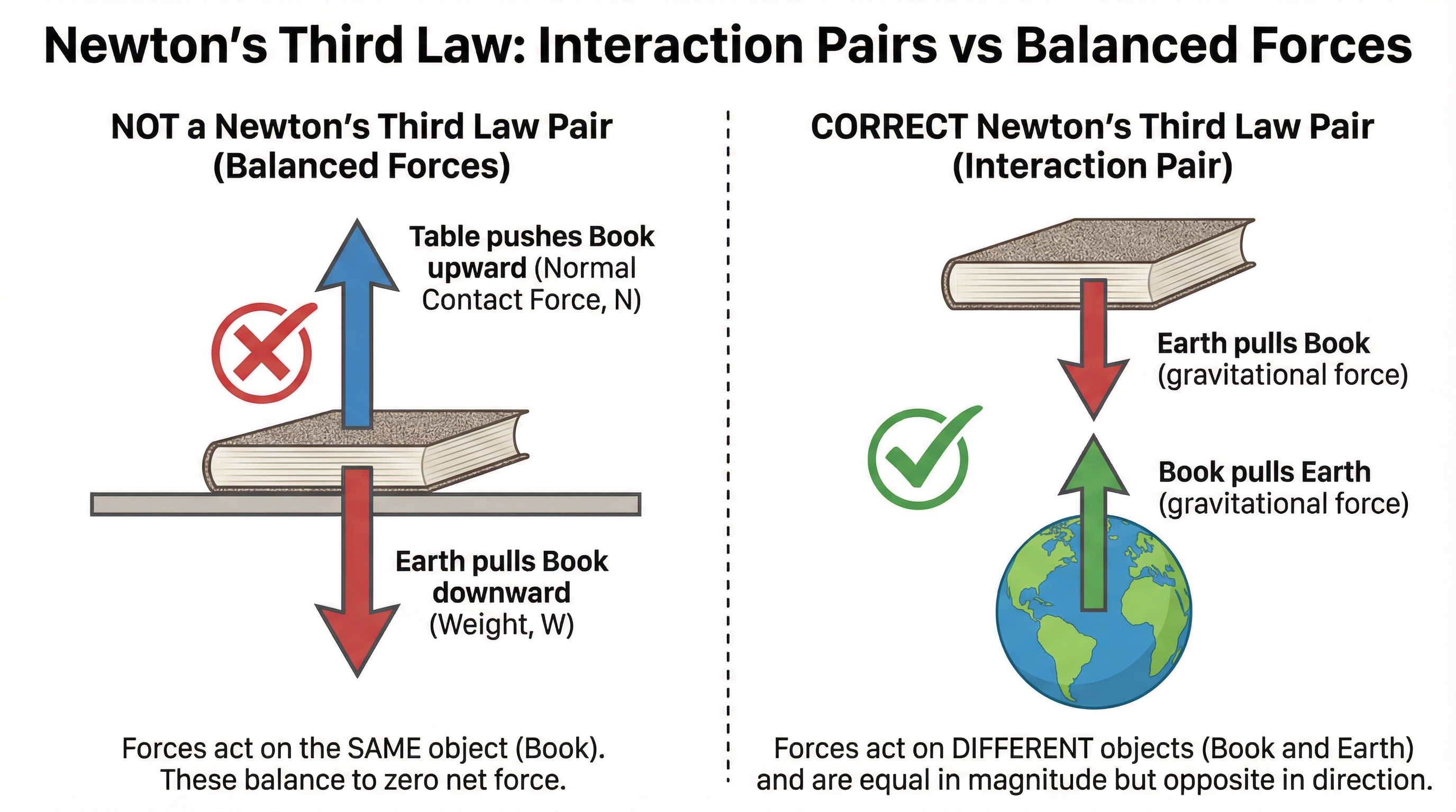 The critical difference between balanced forces and Newton's Third Law pairs.