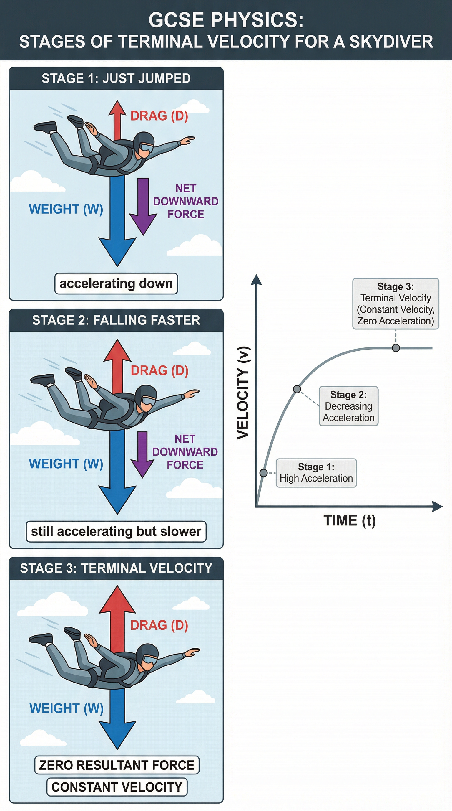 Stages of terminal velocity for a skydiver