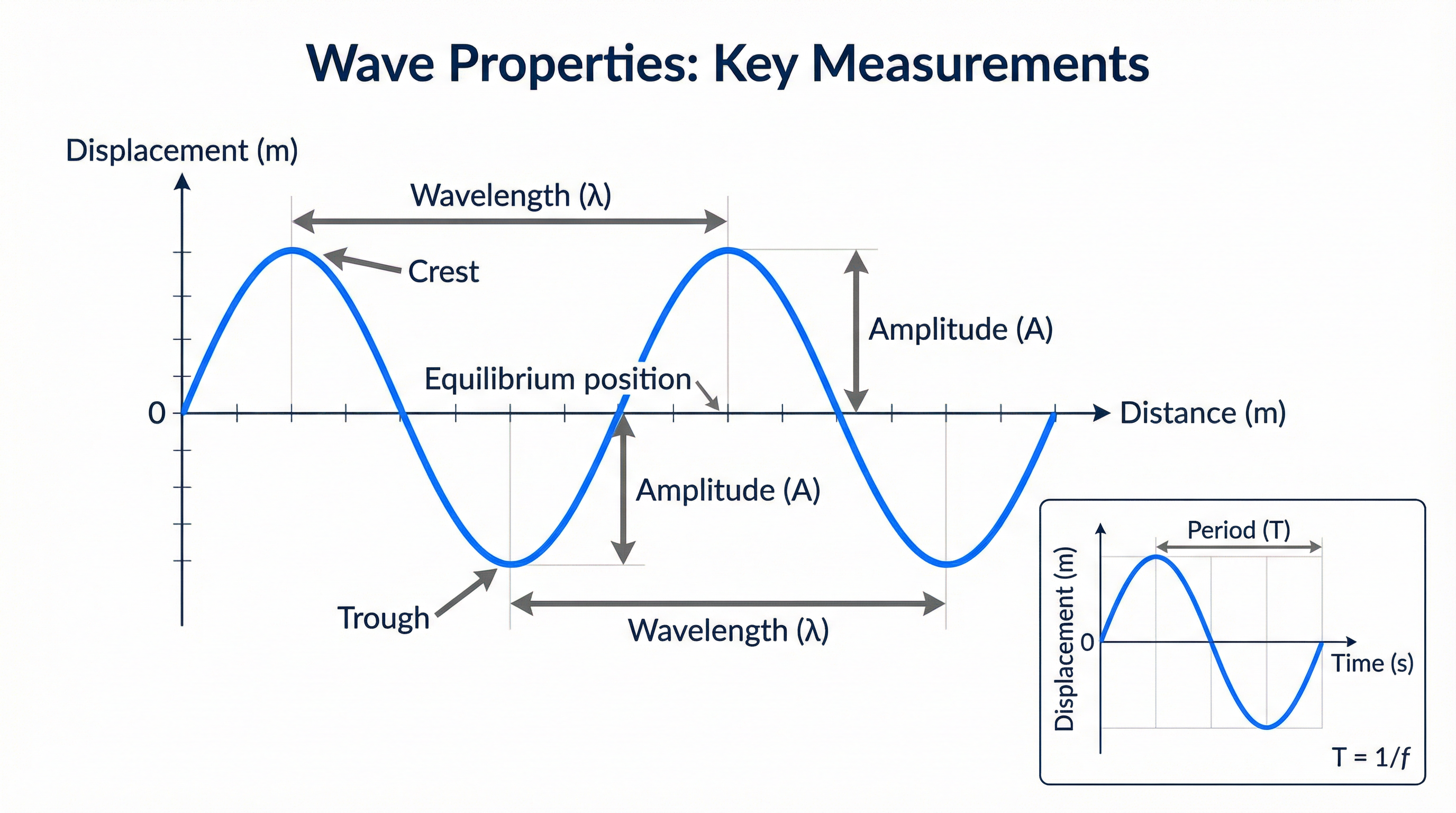Wave Properties: Key Measurements — displacement-distance and displacement-time graphs compared