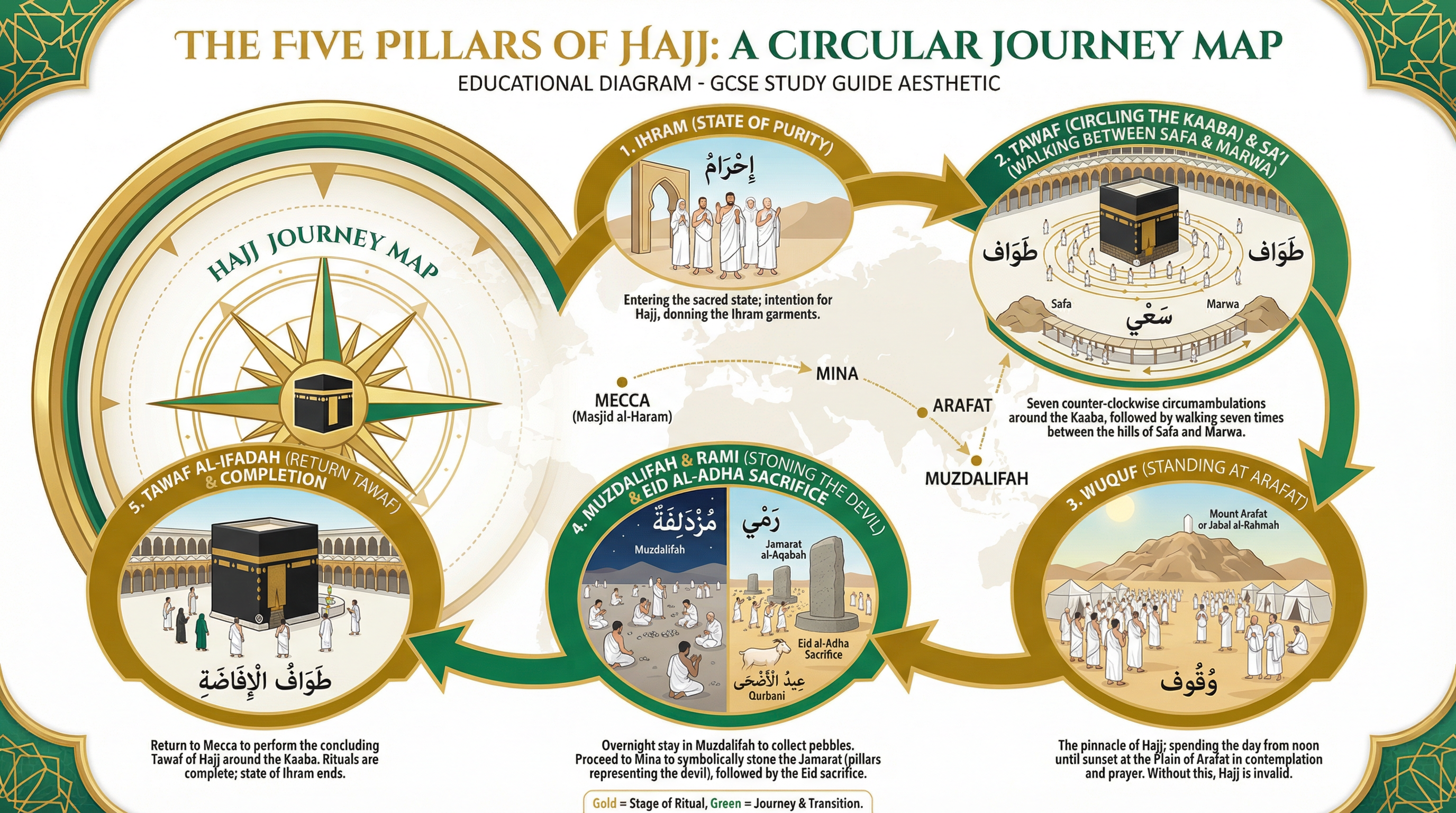 The Five Pillars of Hajj: A Circular Journey Map