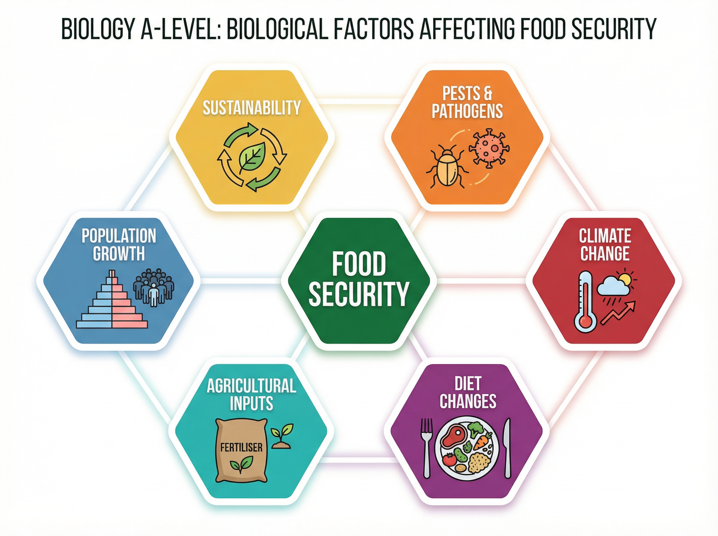 The six key biological factors affecting global food security.
