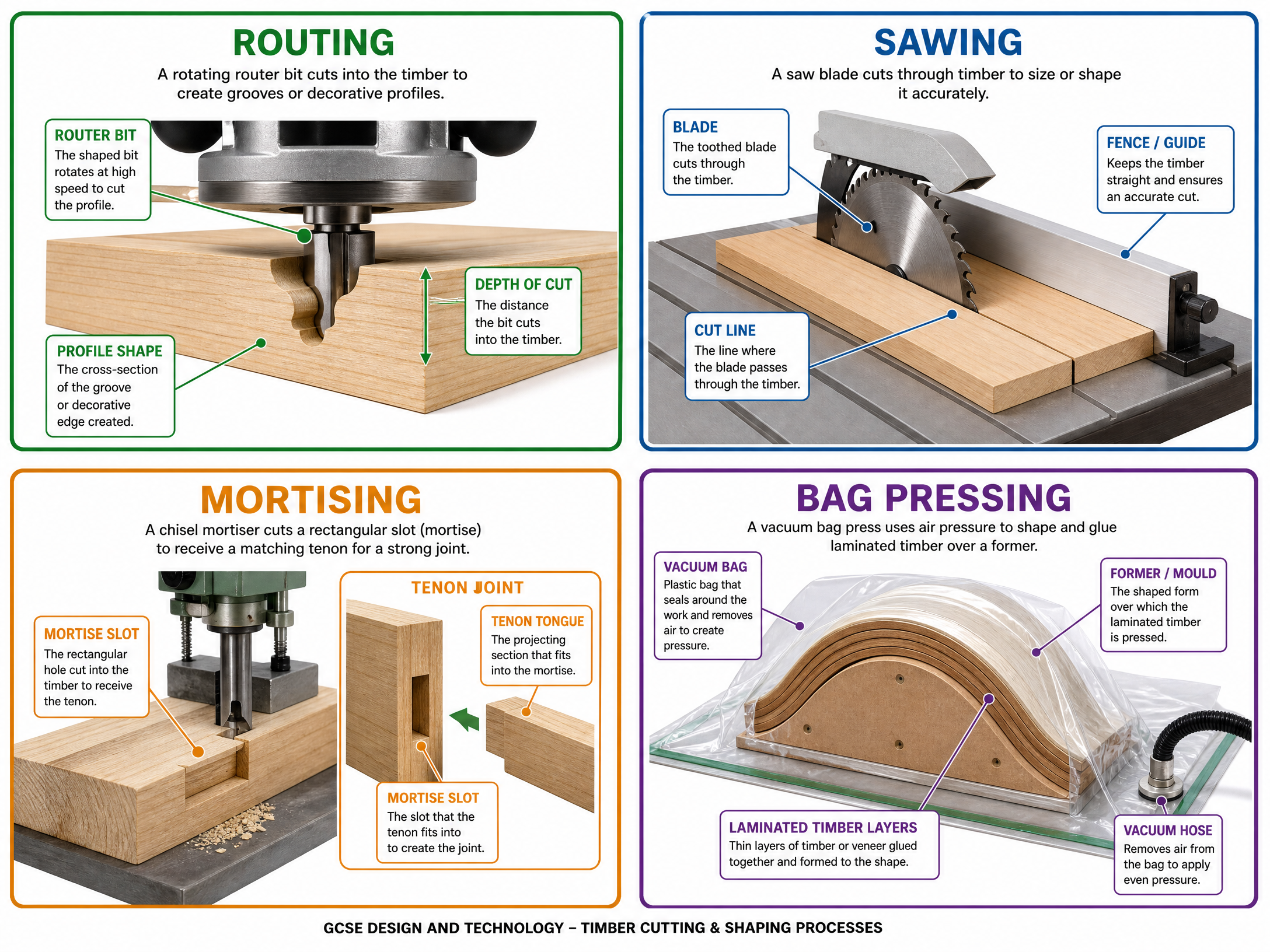 Key timber cutting and shaping processes