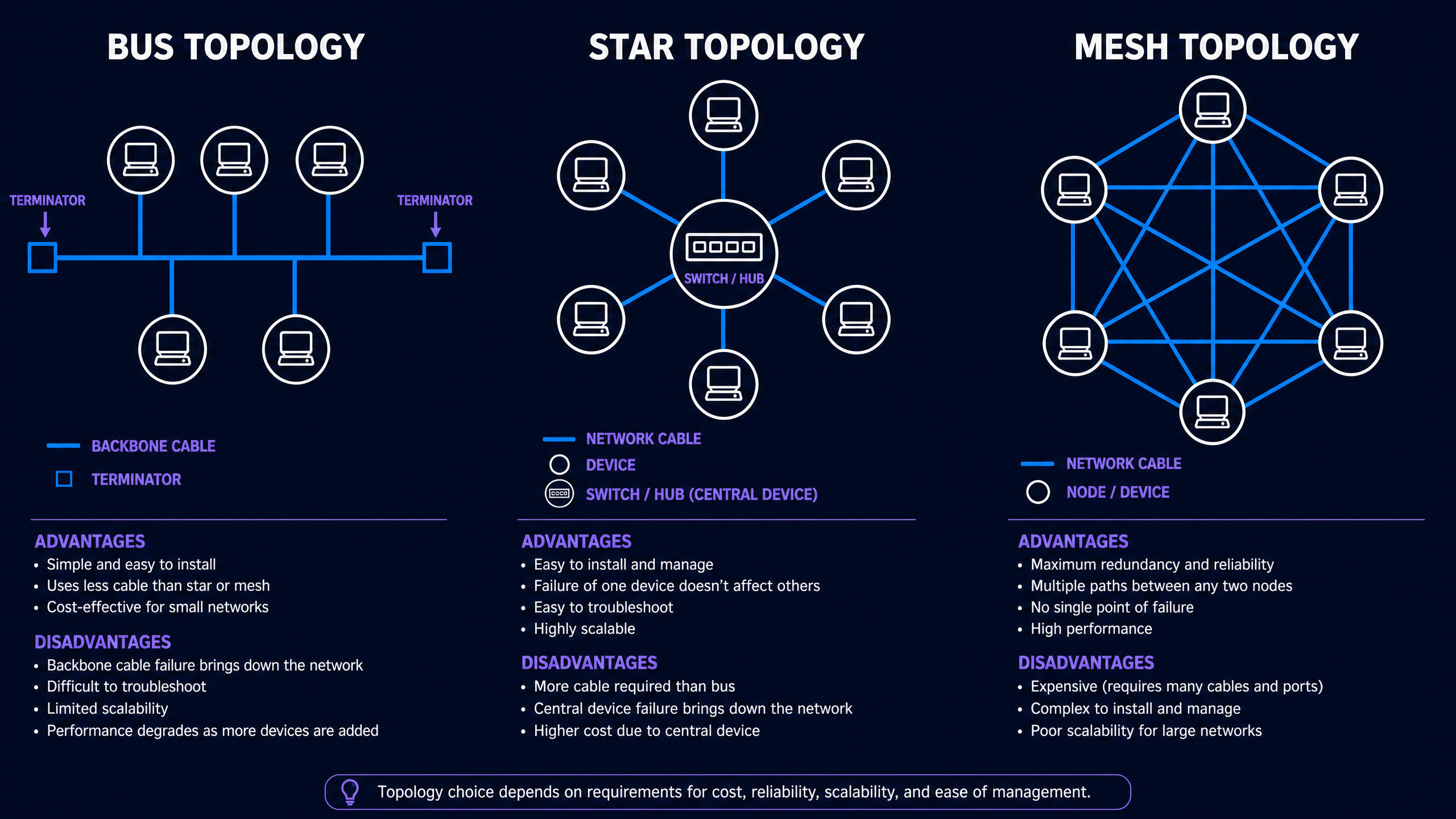 Bus, Star, and Mesh Network Topologies