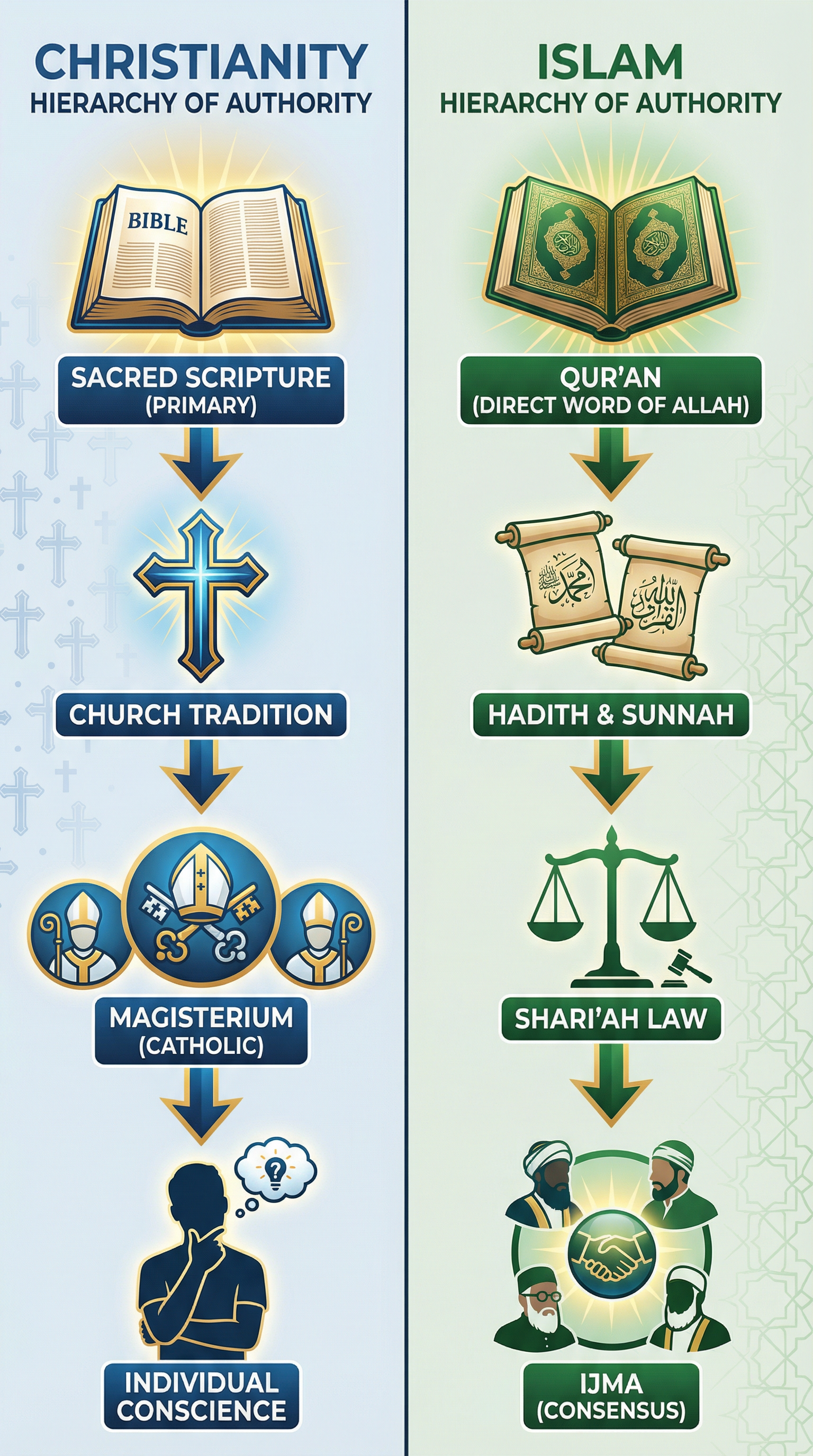 A visual comparison of the sources of authority in Christianity and Islam.