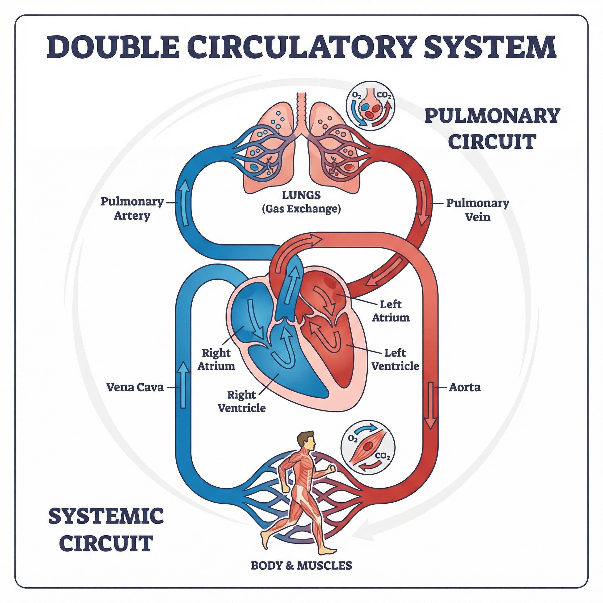 The double circulatory system: pulmonary and systemic circuits